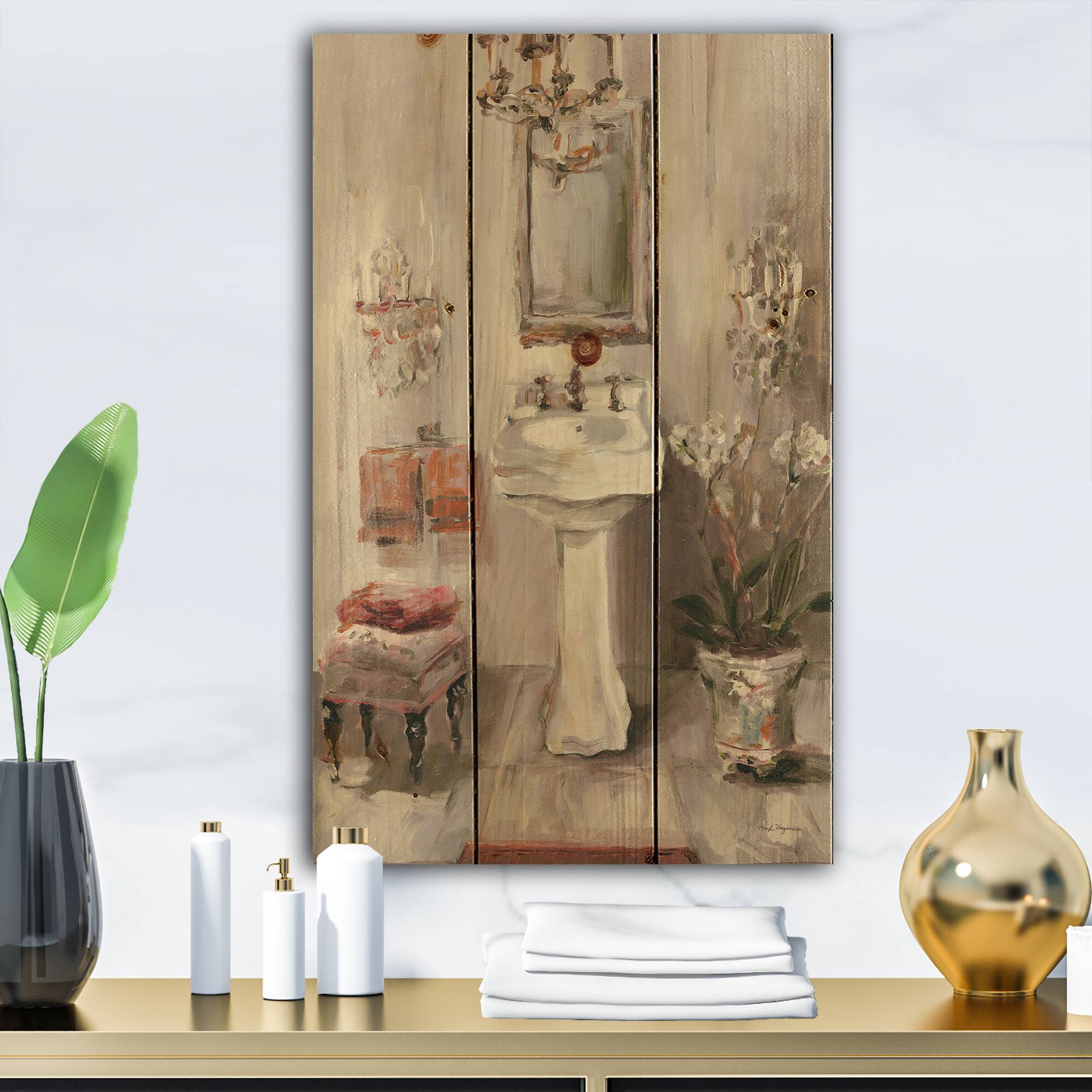 Designart - French Bath La baignoire I - Traditional Bathroom Print on Natural Pine Wood