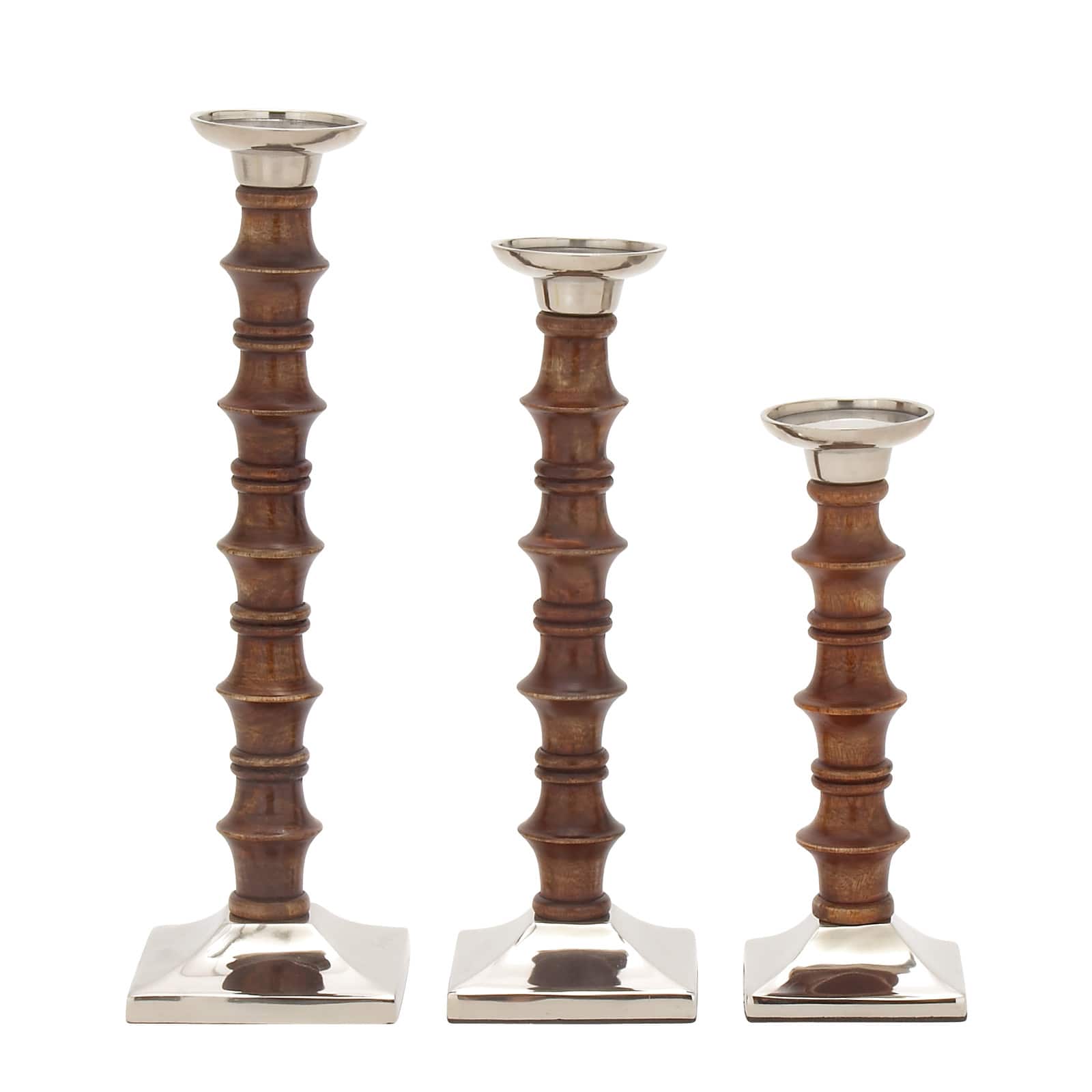 Brown Wood &#x26; Aluminum Pillar Candle Holder Set