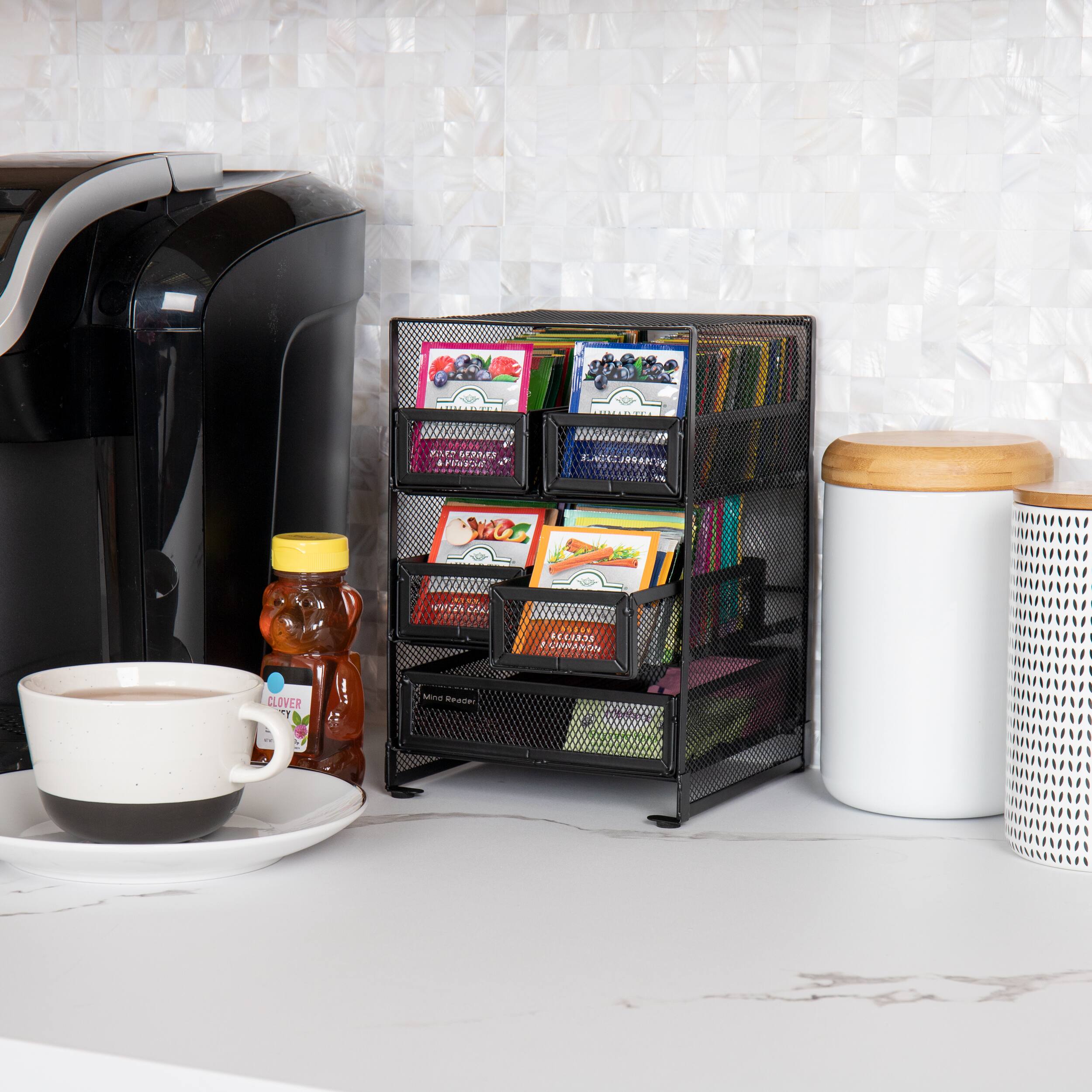 Mind Reader Network Collection 5-Compartment Black Metal Mesh Tea Bag Countertop Organizer