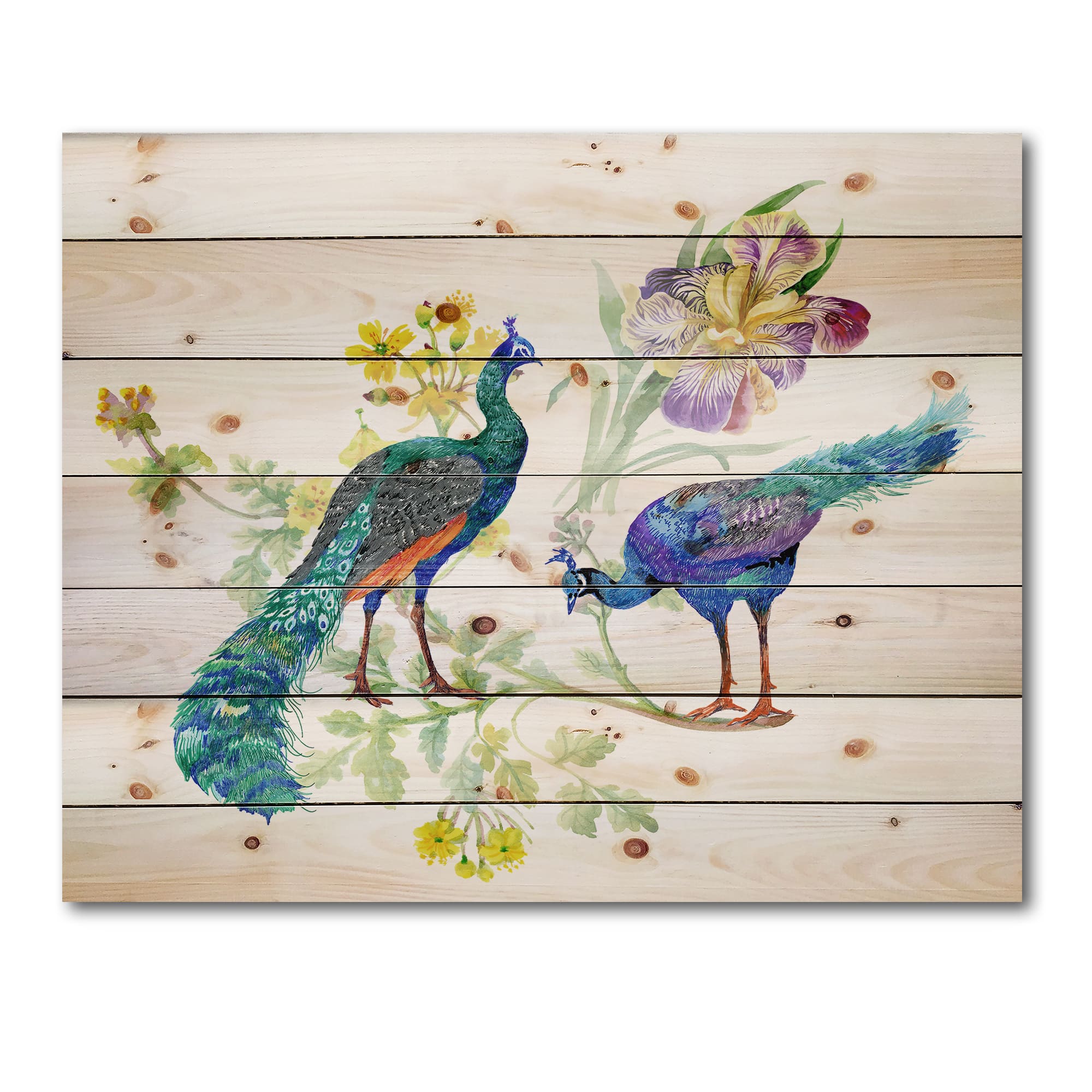 Designart - Peacocks and Iris Flowers - Traditional Print on Natural Pine Wood