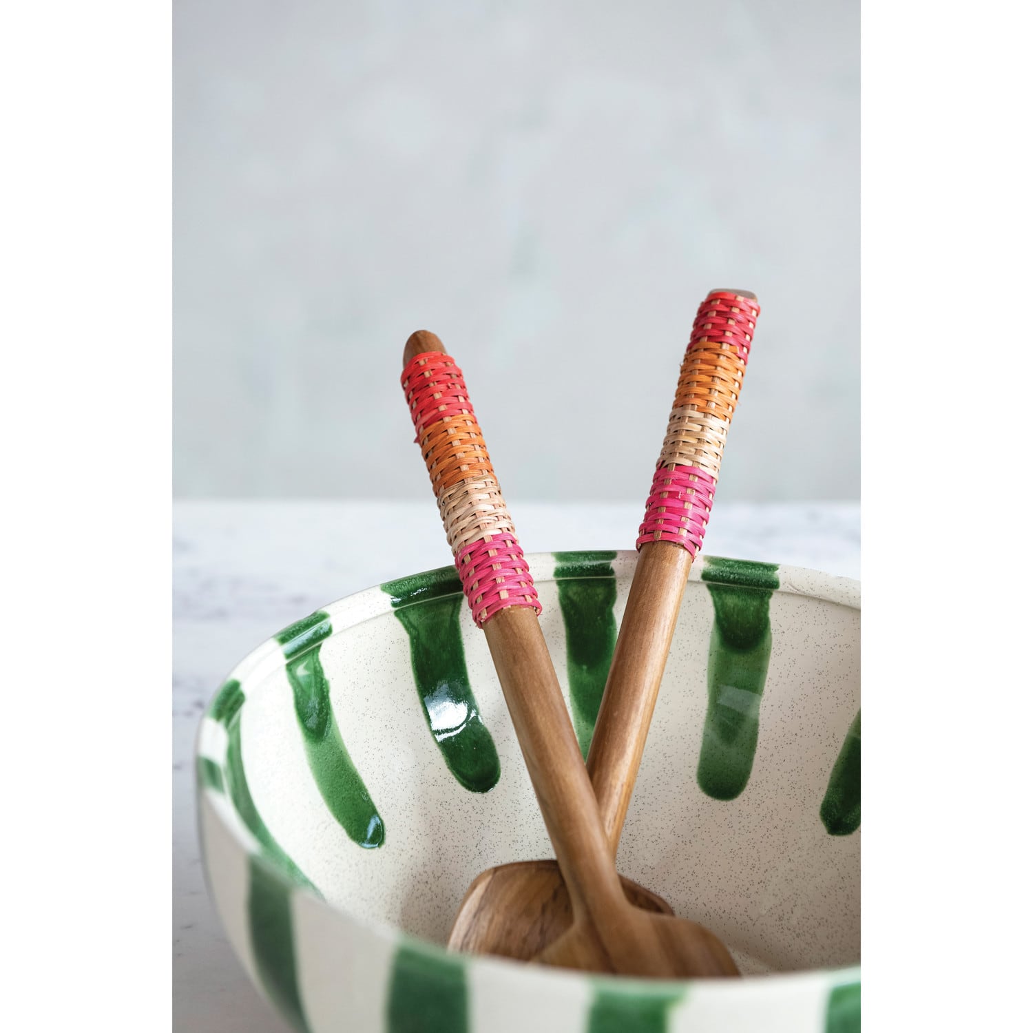 Hello Honey® 12" Teakwood Kitchen Salad Servers with Rattan Wrapped Handles & Drawstring Bag