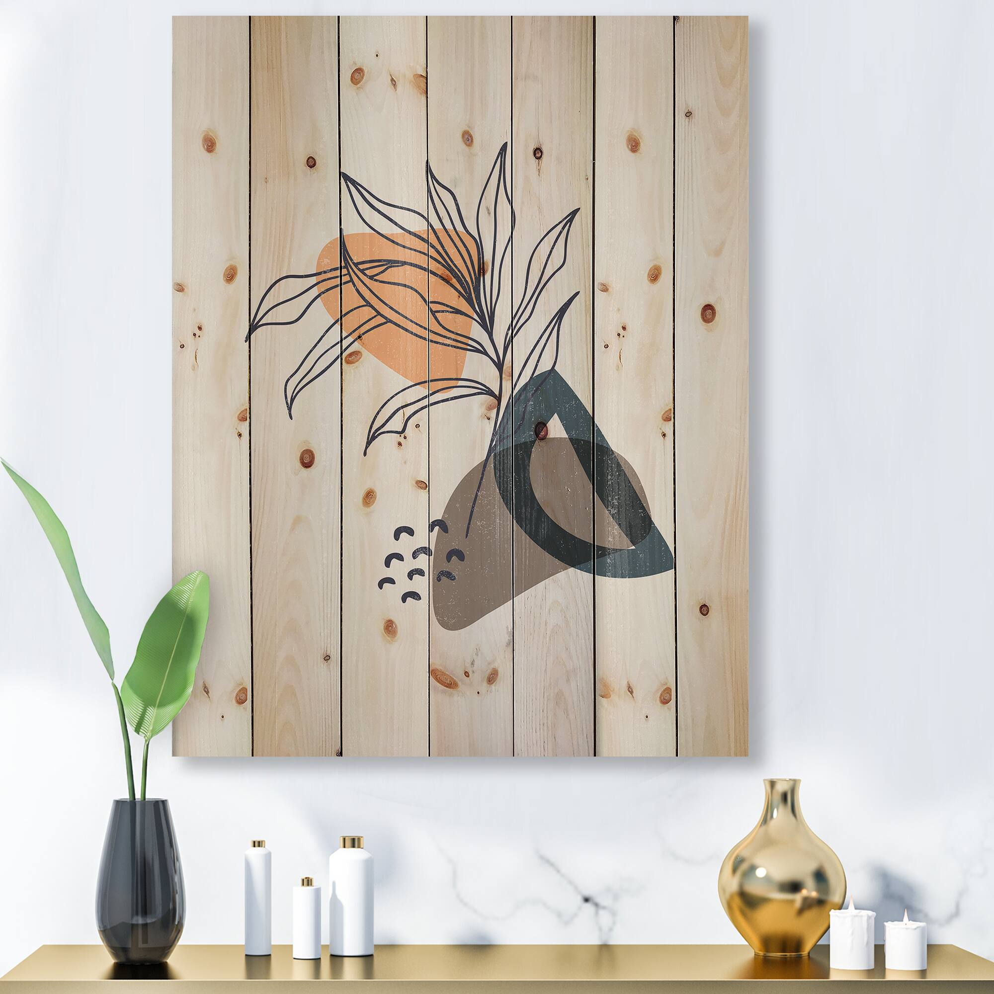 Designart - Vintage Plant With Minimalist Shapes I - Modern Print on Natural Pine Wood