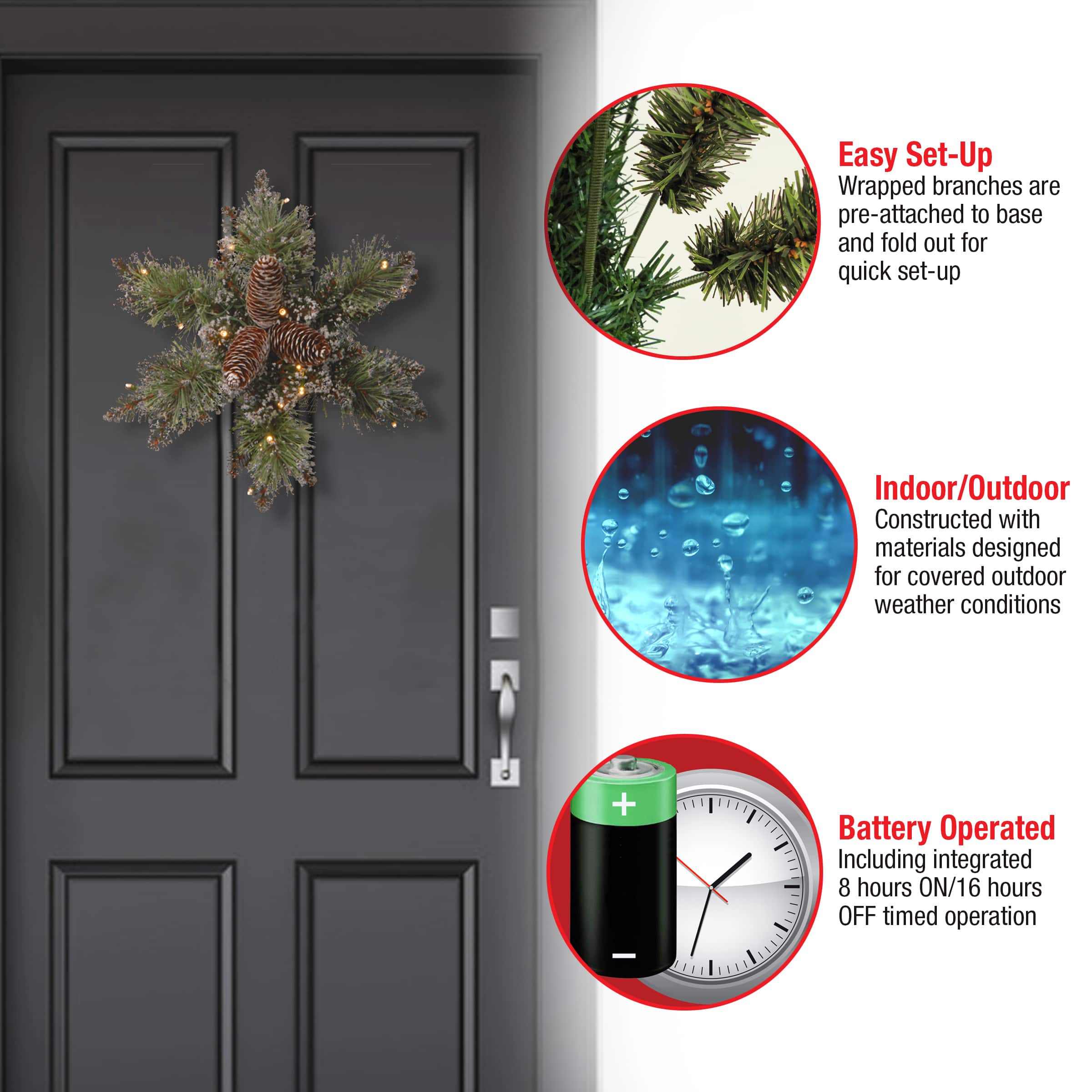 14" Glittery Bristle® Pine Snowflake with Pine Cones & Warm White LED Lights