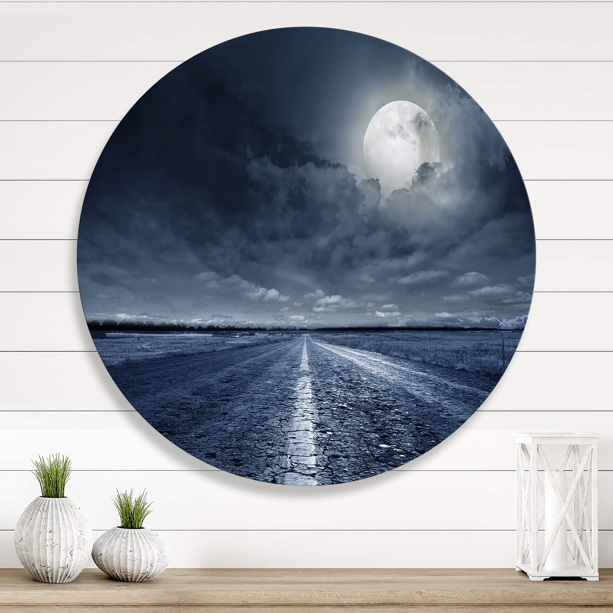 Designart - Asphalt Road Under Cloudy Full Moon I - Nautical & Coastal Metal Circle Wall Art