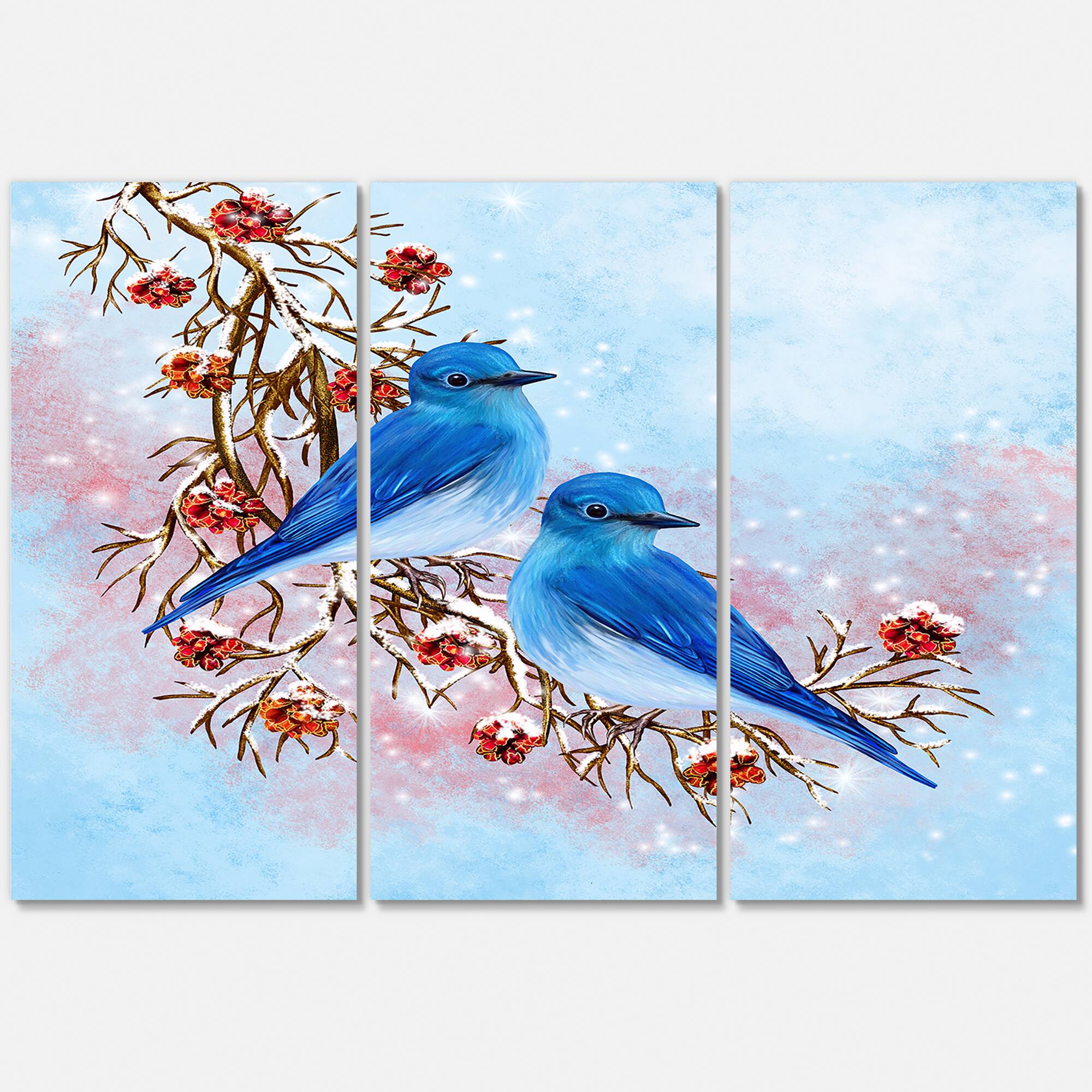Designart - Two Blue Birds Sitting On A Branch With Berries
