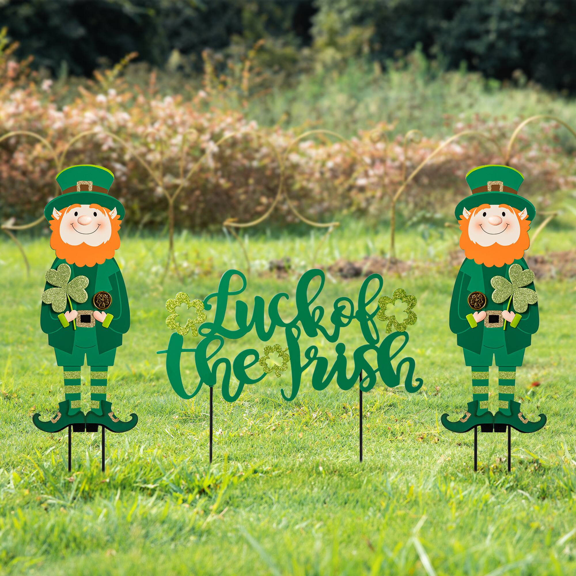 Glitzhome® 26" St. Patrick's Metal Leprechaun & Luck of the Irish Yard Stake Set