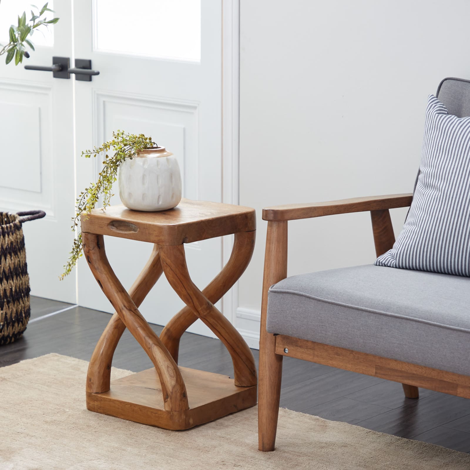 20&#x22; Brown Teak Wood Contemporary Stool