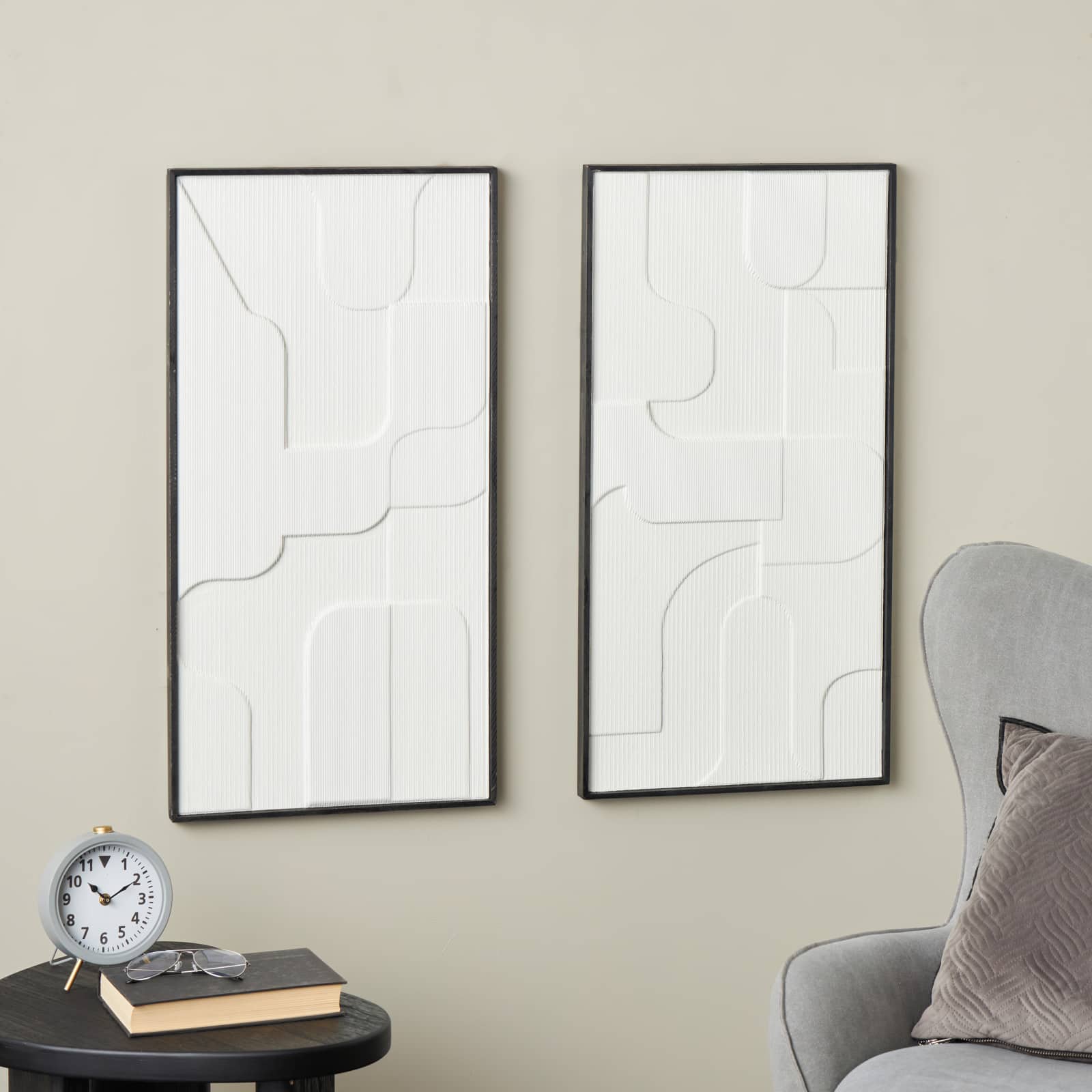 32" x 17" White Wood Geometric Home Wall Décor Set with Black Frame