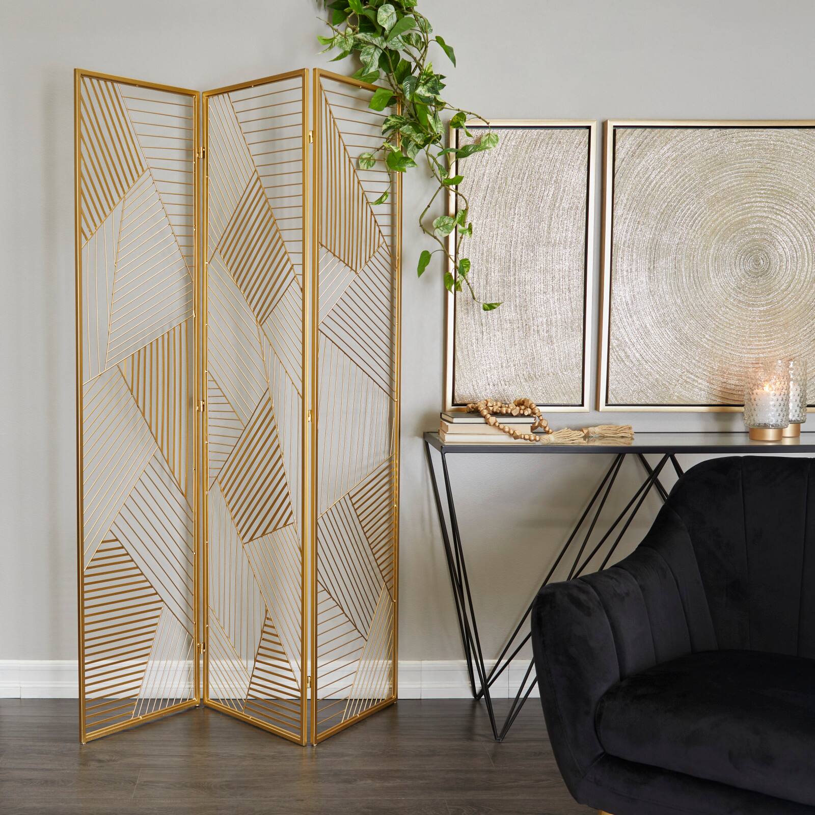 Gold Metal Hinged Foldable Partition 3 Panel Geometric Room Divider Screen 43" x 2" x 67"