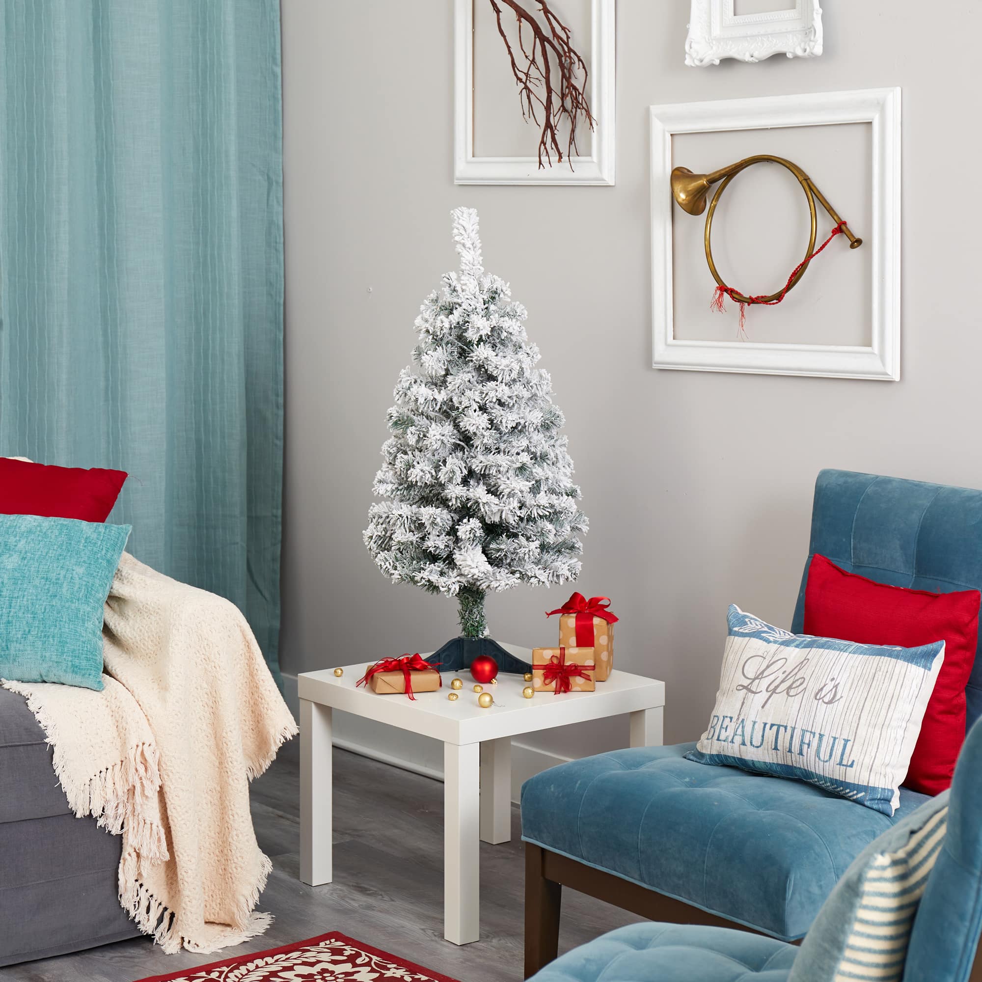 3ft. Pre-Lit Flocked Rock Springs Spruce Artificial Christmas Tree, Clear LED Lights