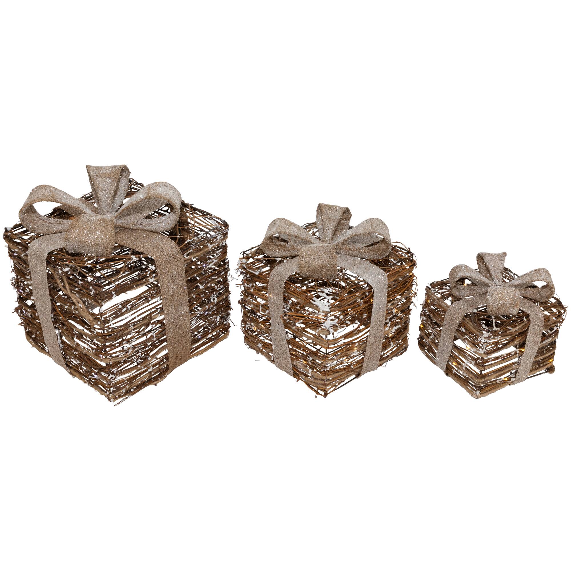 Lighted Rattan Gift Boxes with Burlap Bows Tabletop Christmas Decorations Set