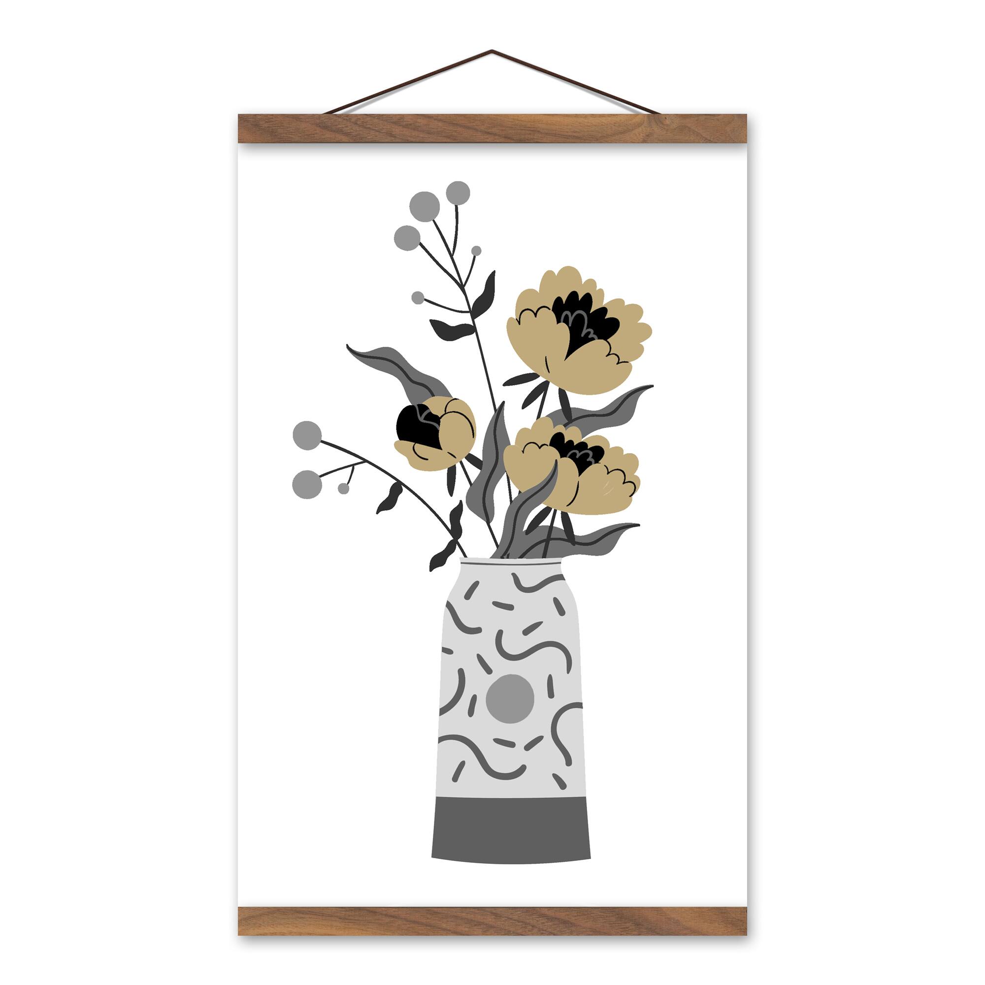Mod Gold Flowers Teak Hanging Canvas