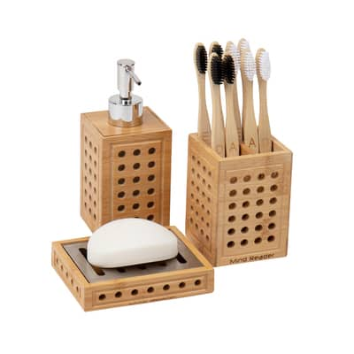 Mind Reader Lattice Bamboo Soap Dish, Liquid Dispenser & Toothbrush 