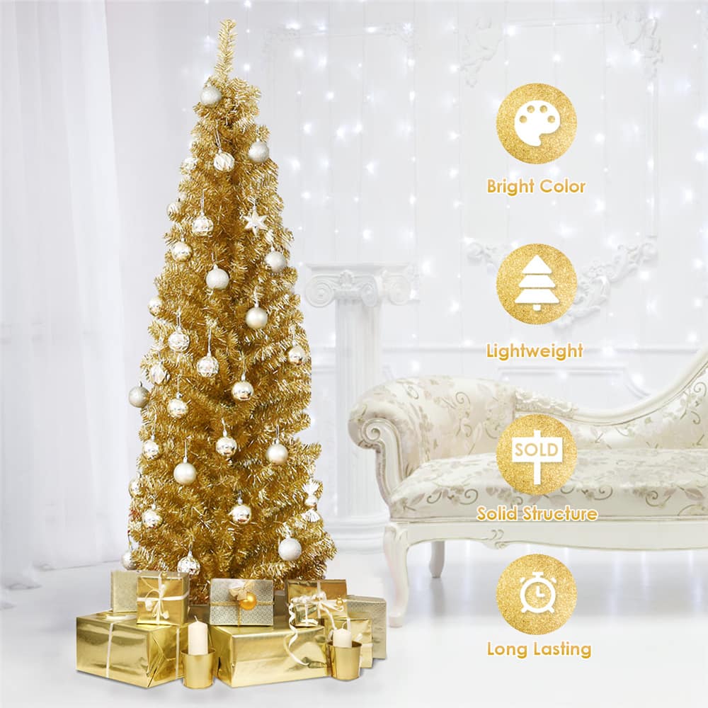 Costway 6ft. Unlit Champagne Gold Tinsel Slim Christmas Tree