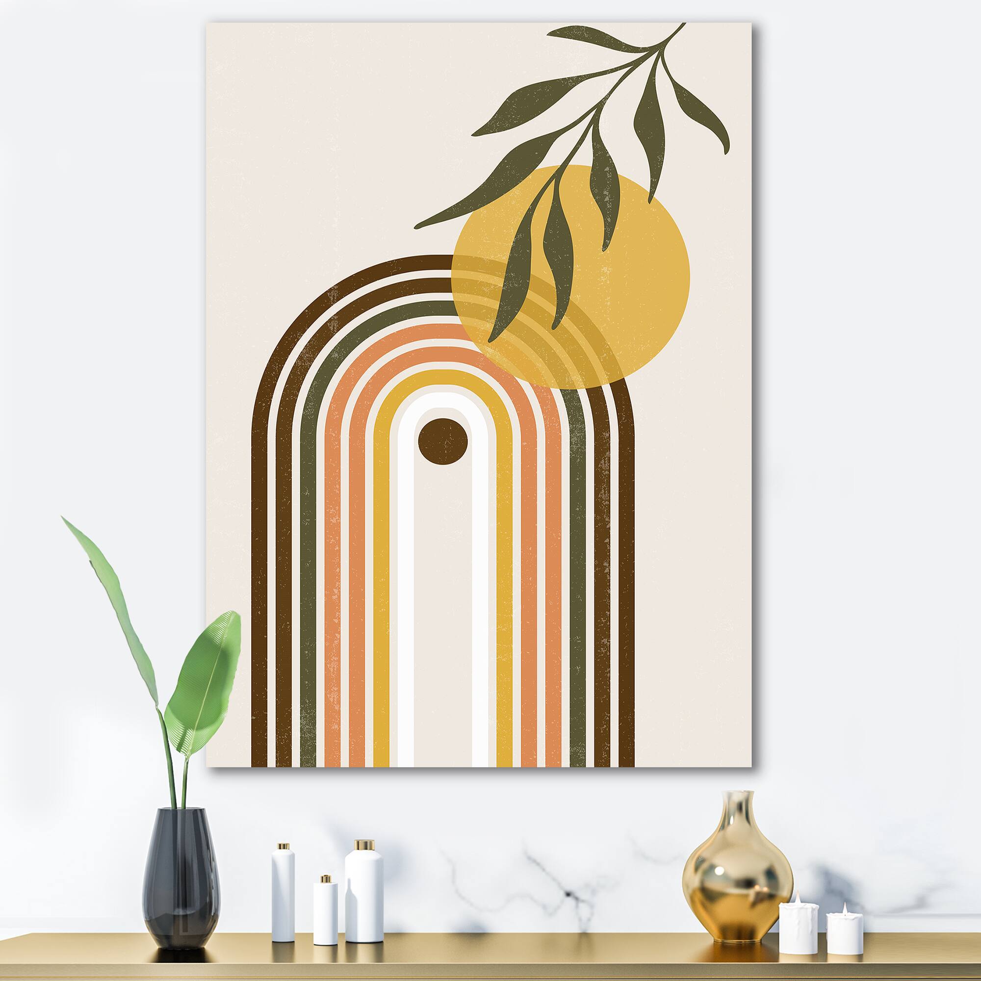 Designart - Abstract Yellow Sun With Retro Rainbow - Modern Canvas Wall Art Print