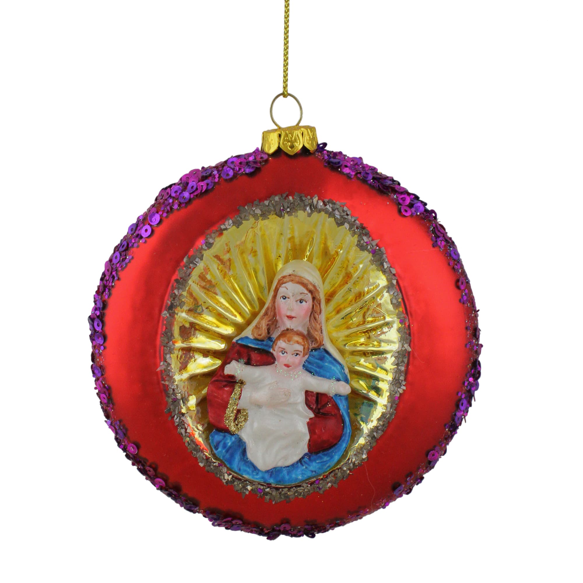 4" Mary and Jesus Sequin Religious Glass Disc Christmas Ornament