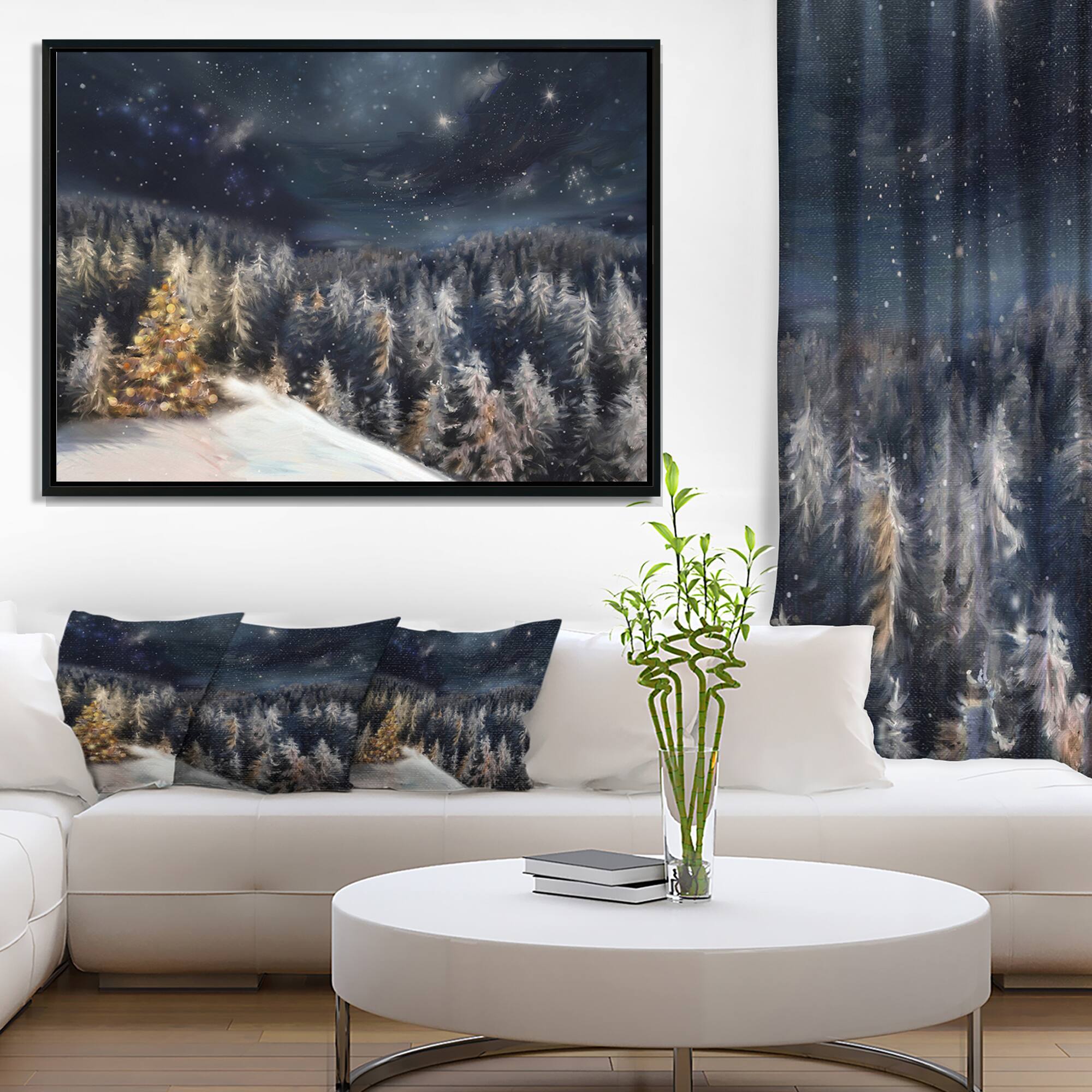 Designart - Night Forest Christmas Tree - Landscape Framed Canvas Art Print