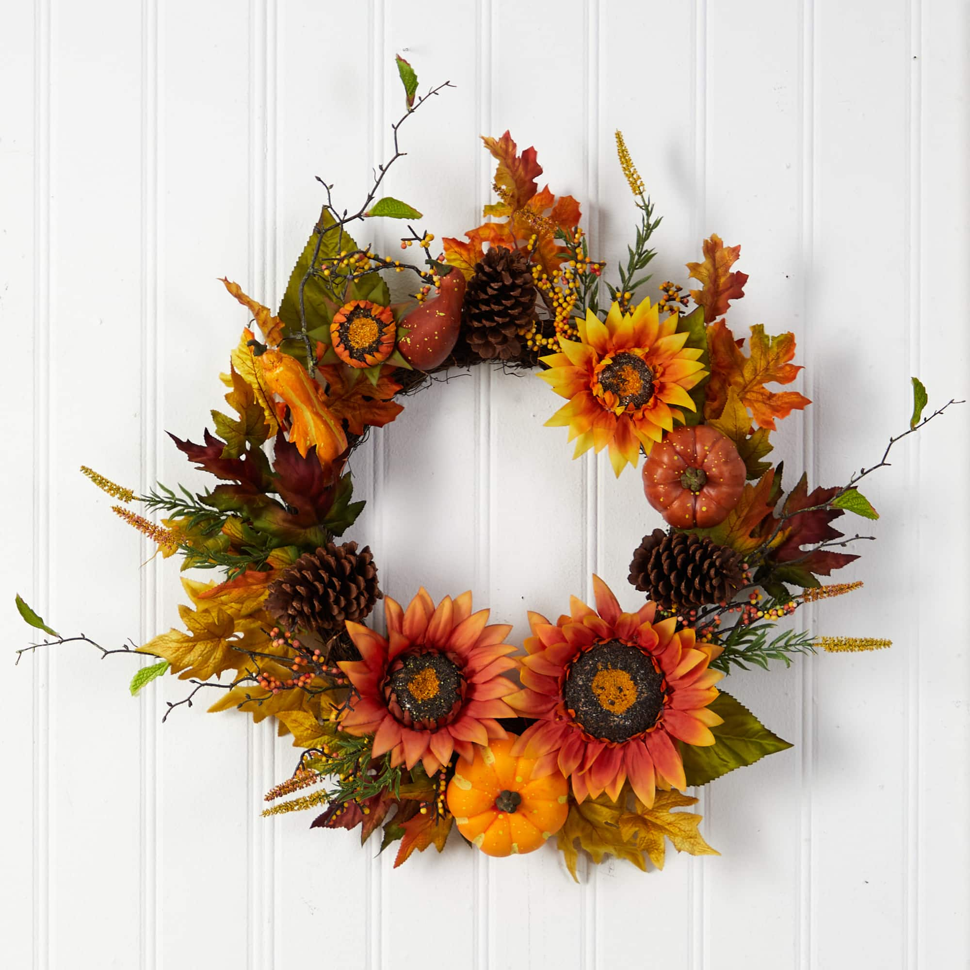 24&#x22; Sunflower, Pumpkin, Gourds, Pinecone &#x26; Berries Autumn Artificial Wreath