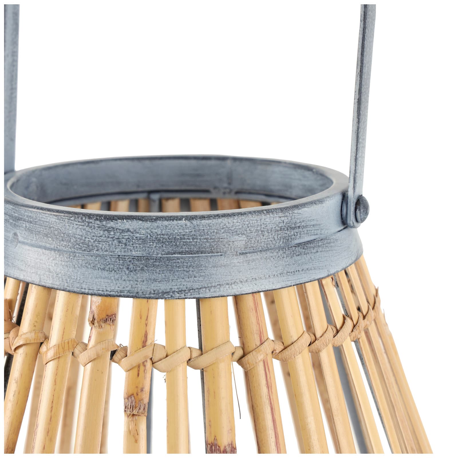 16" Brown Bamboo Handmade Open Framed Candle Lantern with Blue Metal Accents & Handle