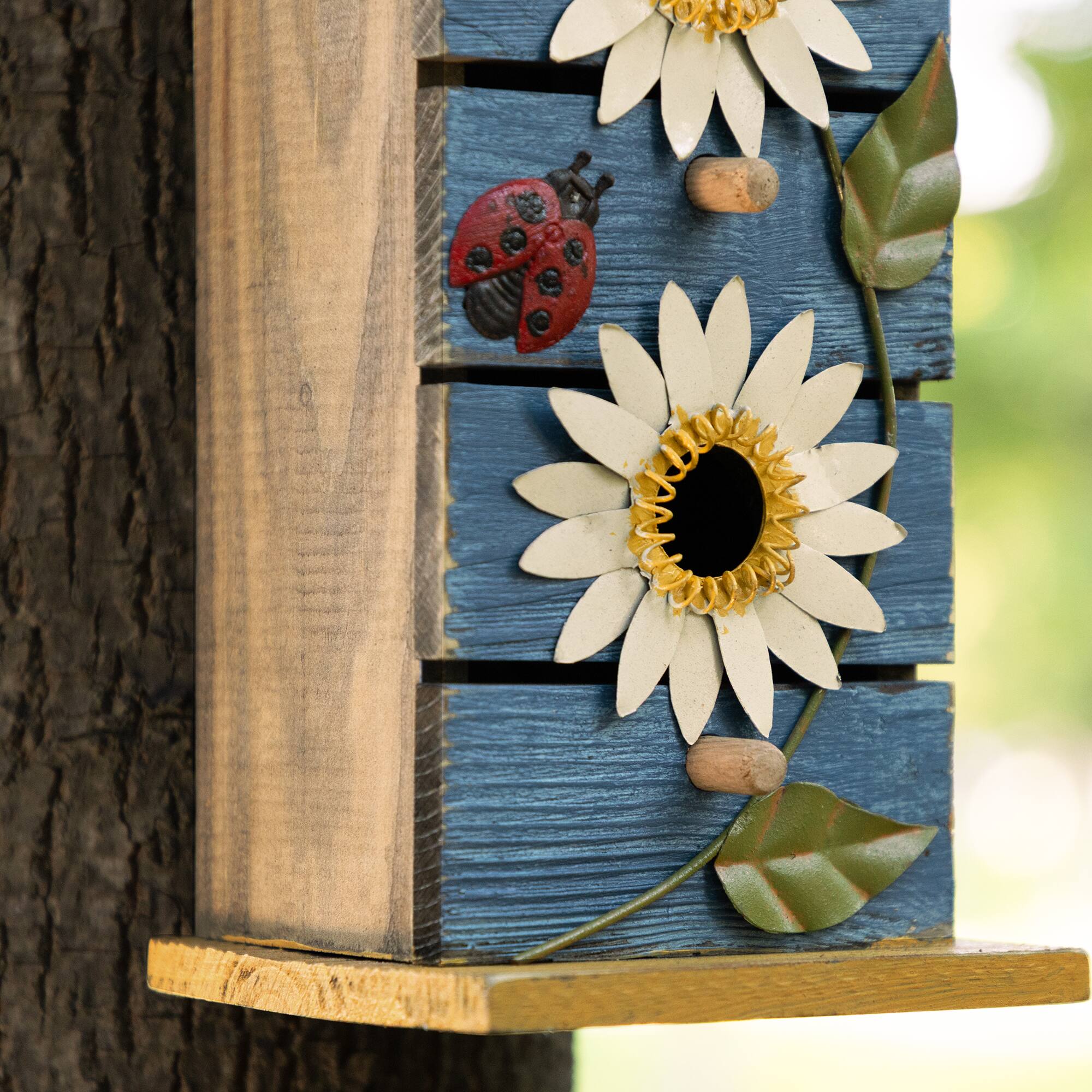 Glitzhome® 15" Washed Blue 2-Tiered Daisy Decorative Outdoor Garden Birdhouse