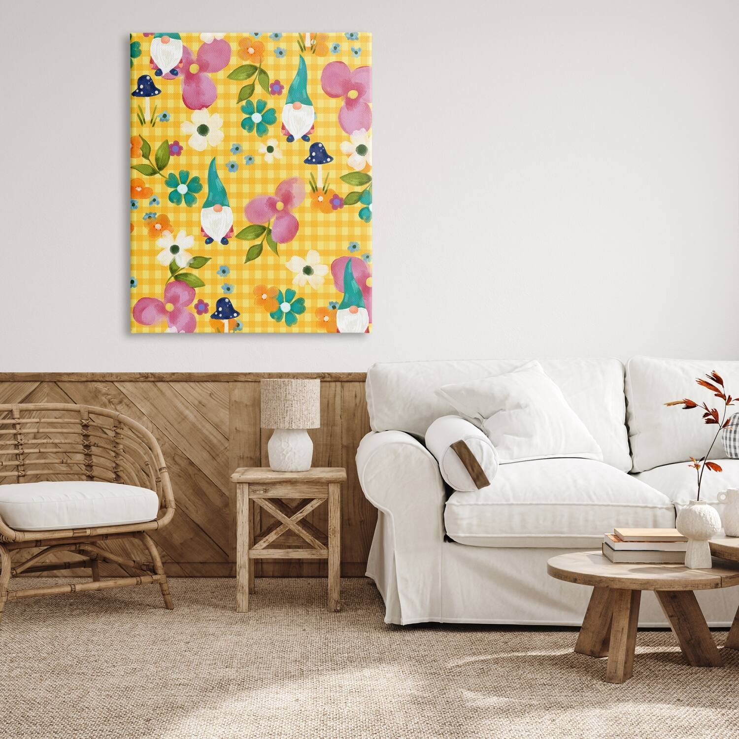 Stupell Industries Yellow Tartan Patterned Spring Gnomes Mushrooms Canvas Wall Art