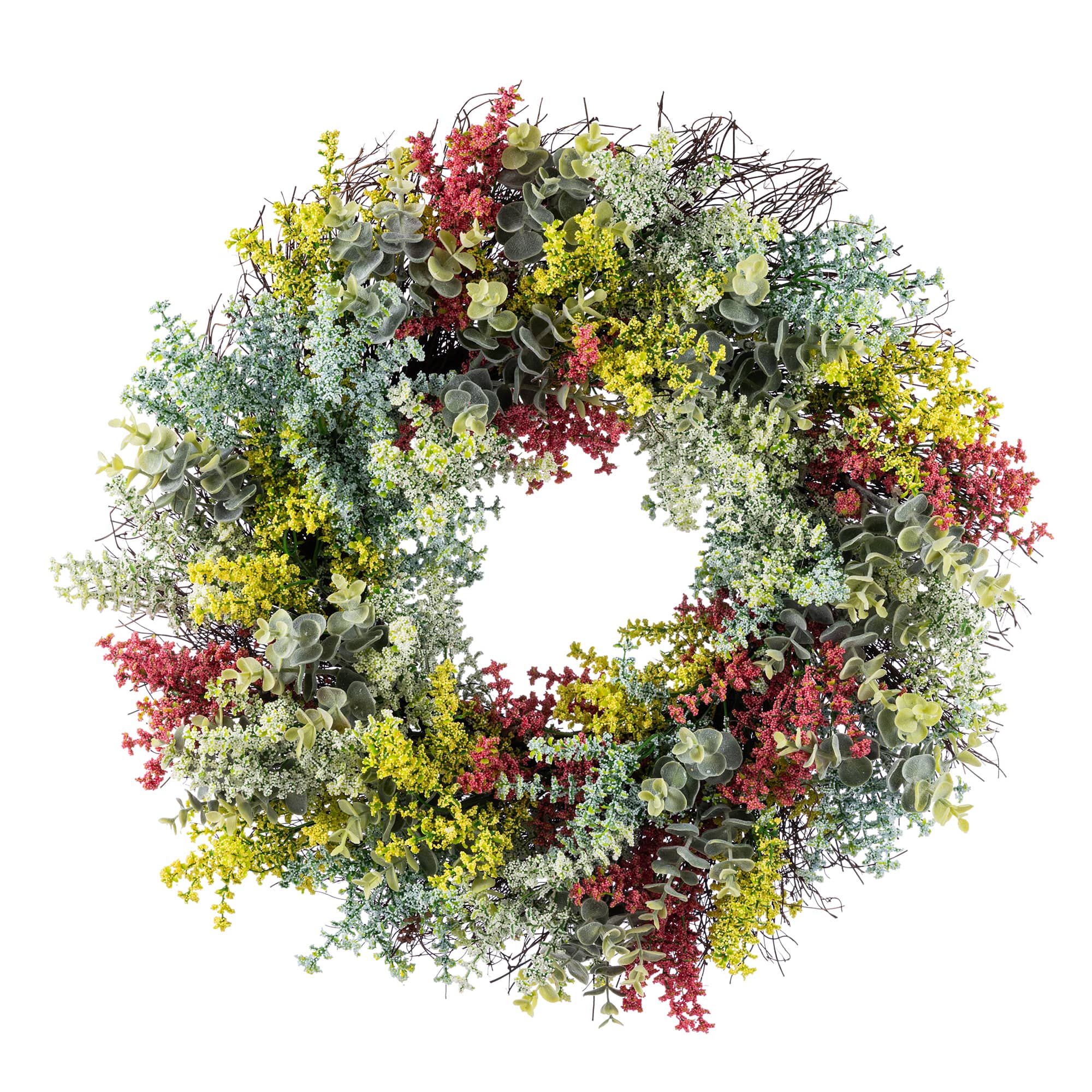Glitzhome® 24" Mixed Floral Eucalyptus Wreath with Black Metal Hanger