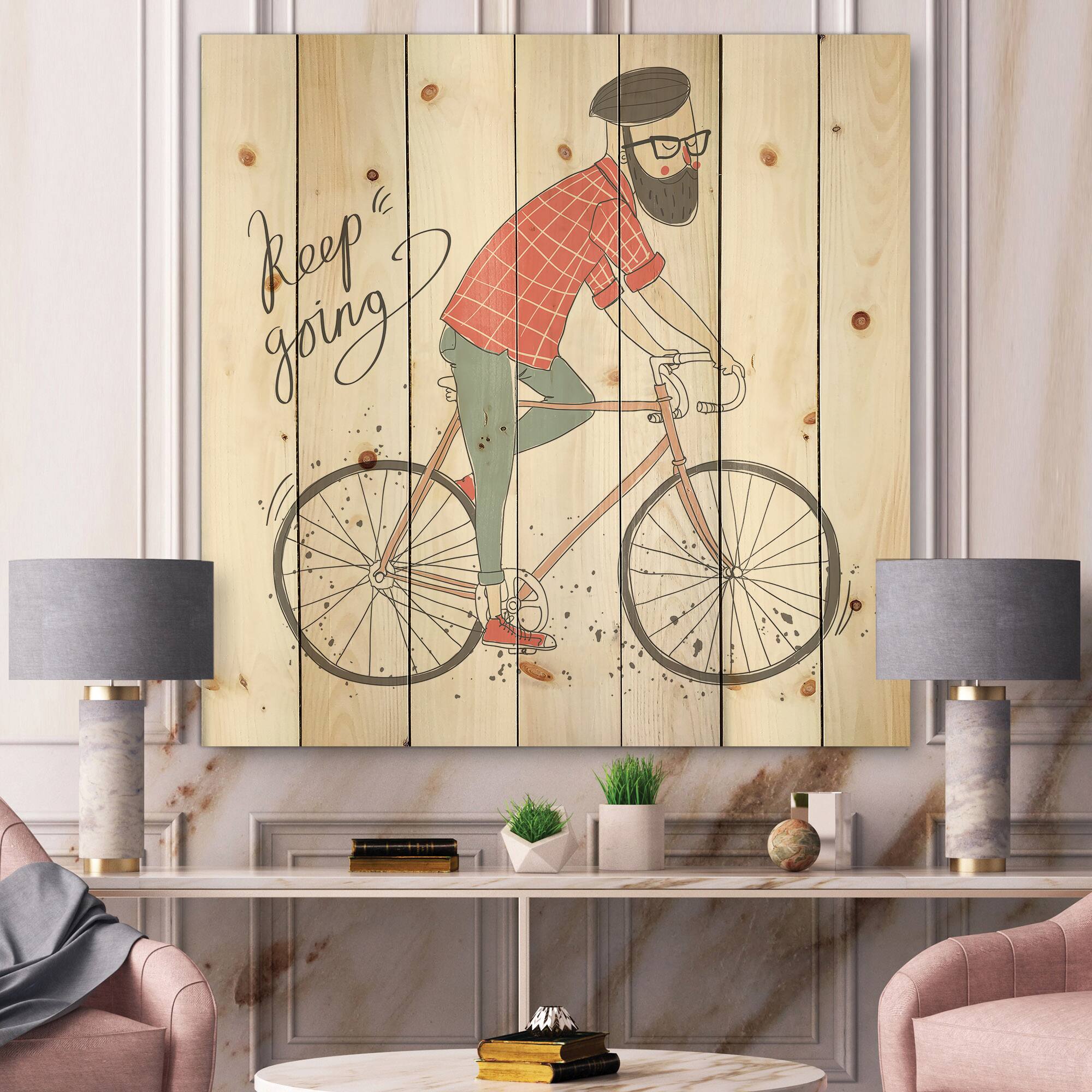 Designart - Hipster Man On A Bicycle - Children&#x27;s Art Print on Natural Pine Wood