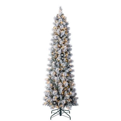 7ft. Pre-Lit Flocked Slim Artificial Christmas Tree, Warm White LED Lights by Ashland®