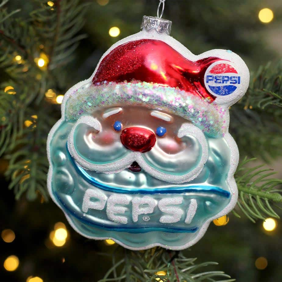4.5" Blue & Red Glittered Santa Claus Head Pepsi Christmas Ornament