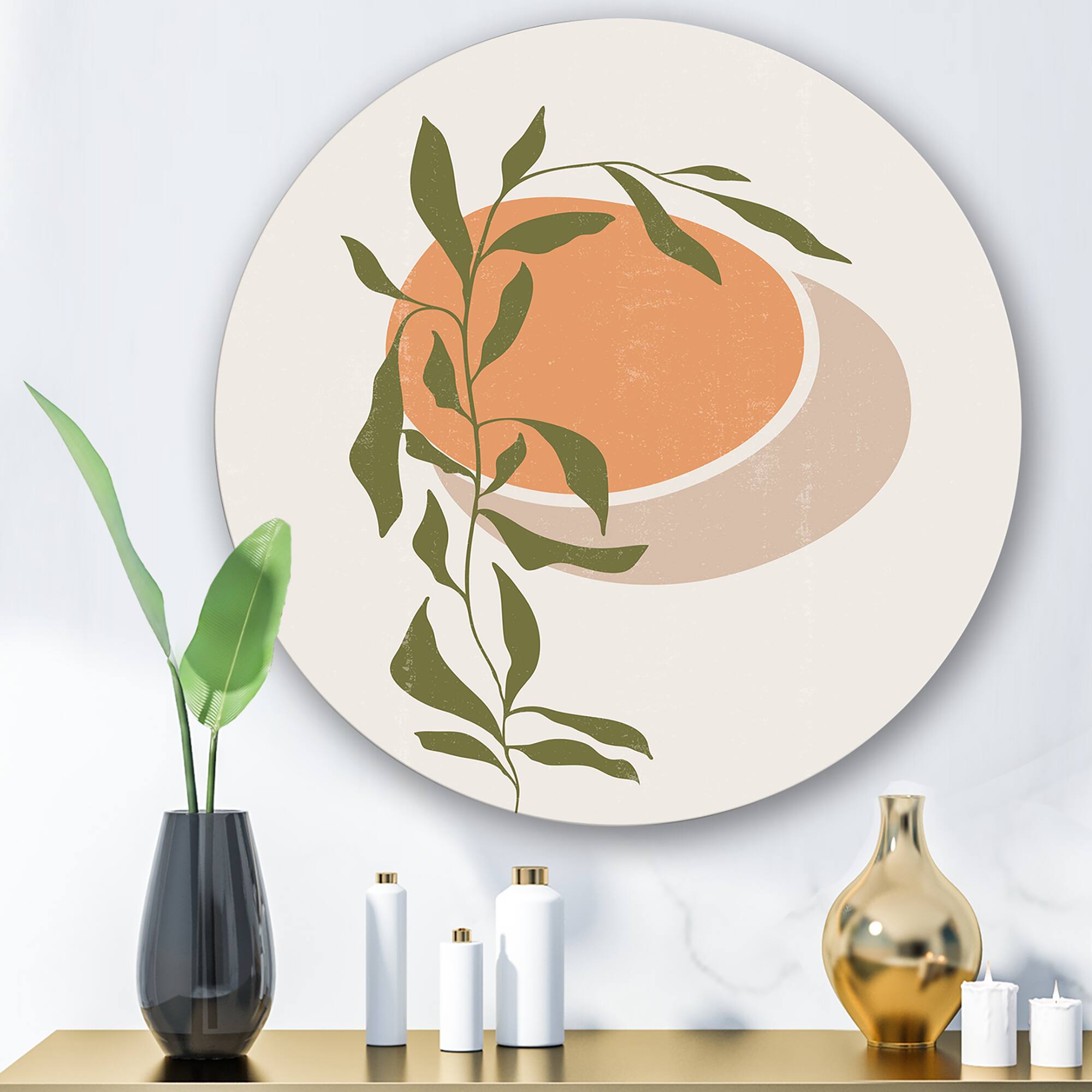 Designart - Abstract Orange Sun and Moon With Tropical Leaf - Modern Metal Circle Wall Art