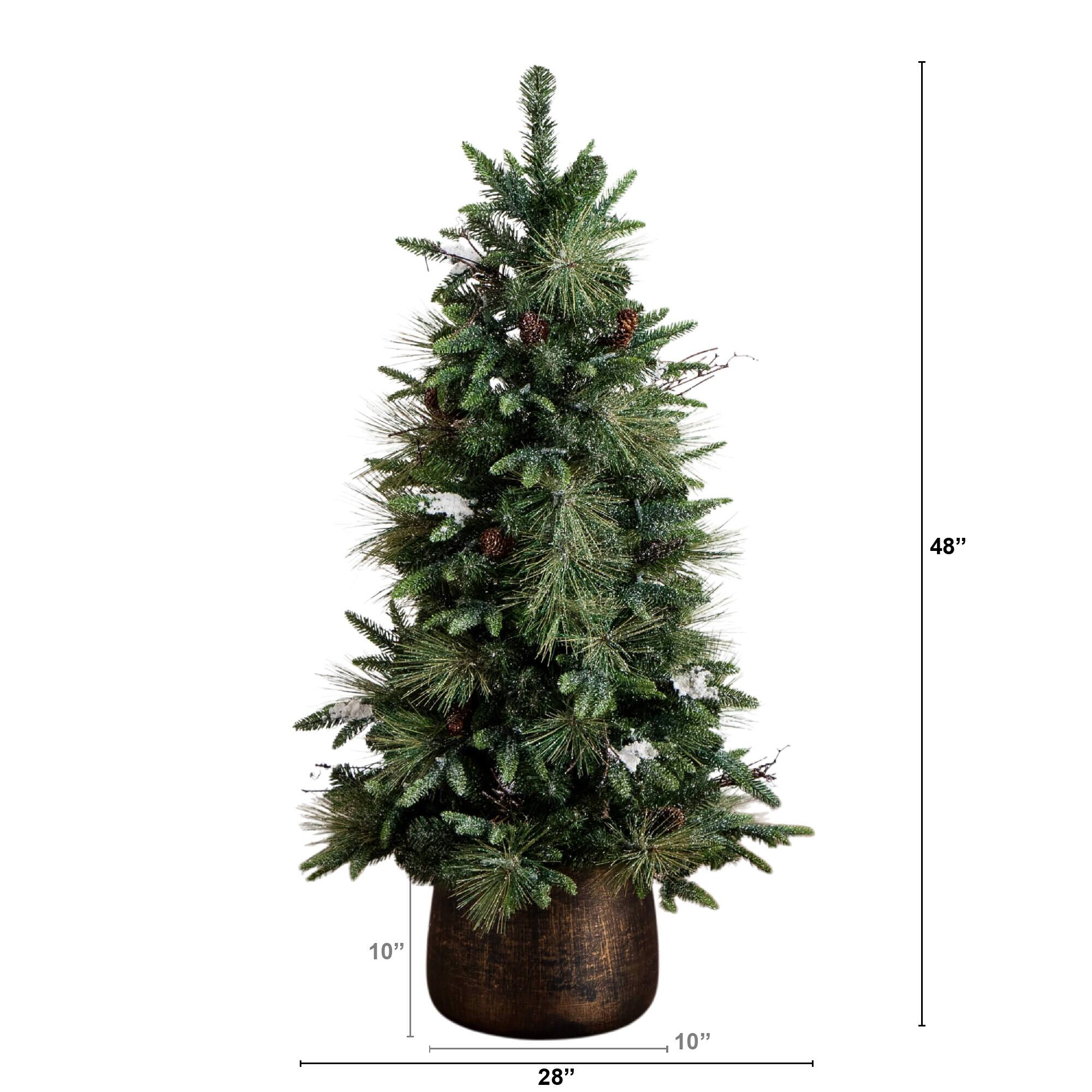 4ft. Pre-Lit Mixed Pine Snowed Artificial Christmas Tree with Pinecones in Decorative Planter, Warm White LED Lights