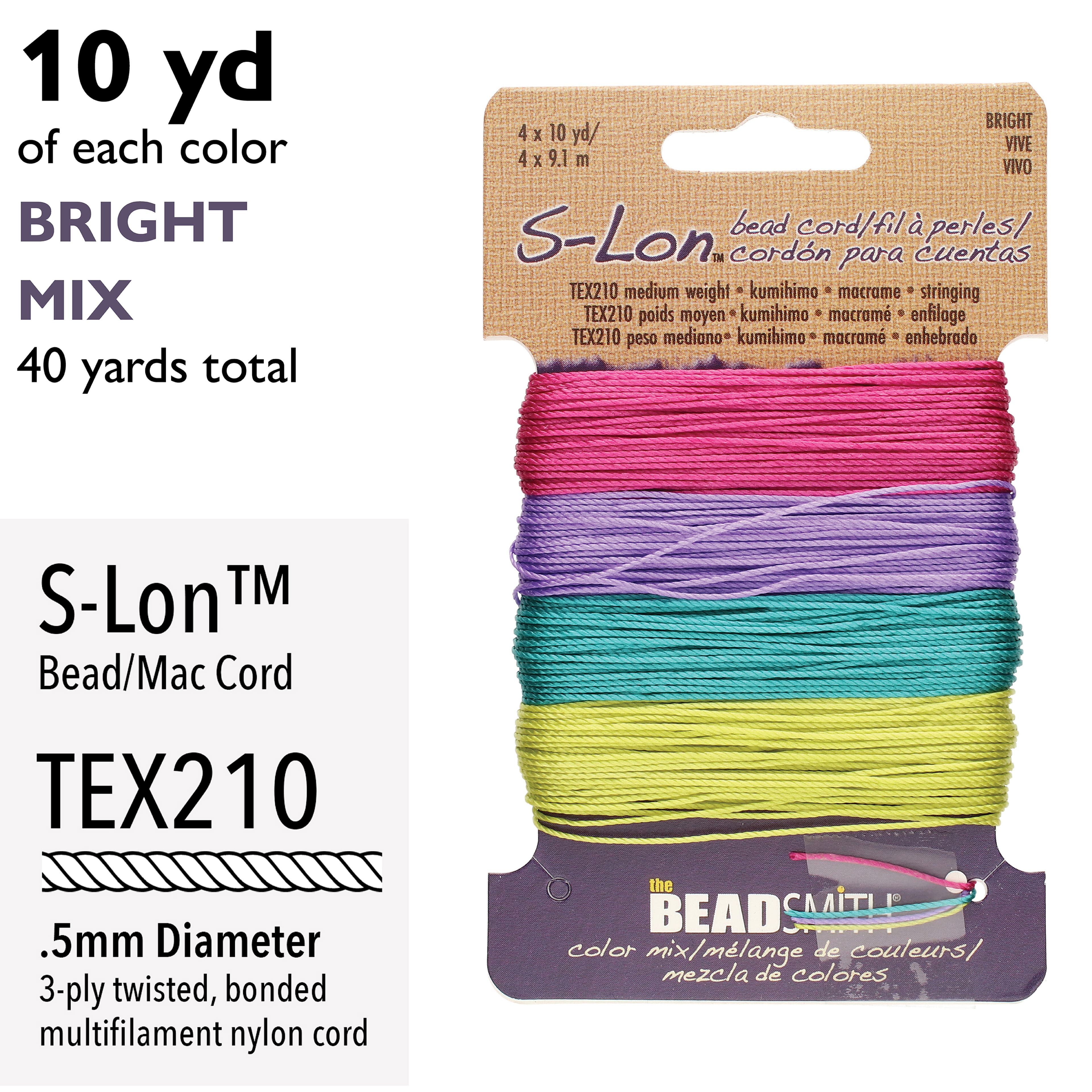 12 Packs: 4 ct. (48 total) The Beadsmith® S-Lon® 0.5mm Mixed Color Bead Cords