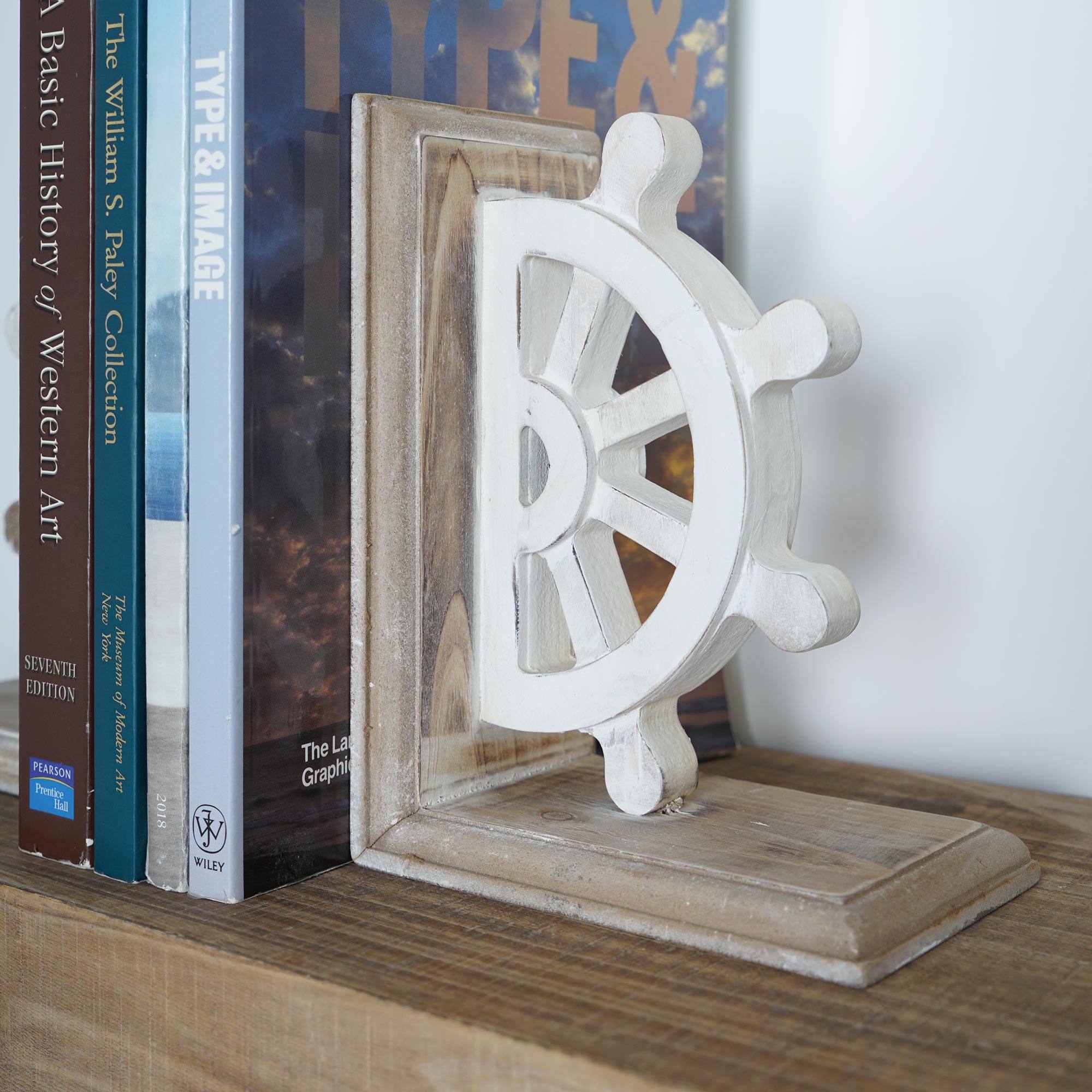Distressed Vintage Nautical Wheel Wood Bookends (Set of 2)
