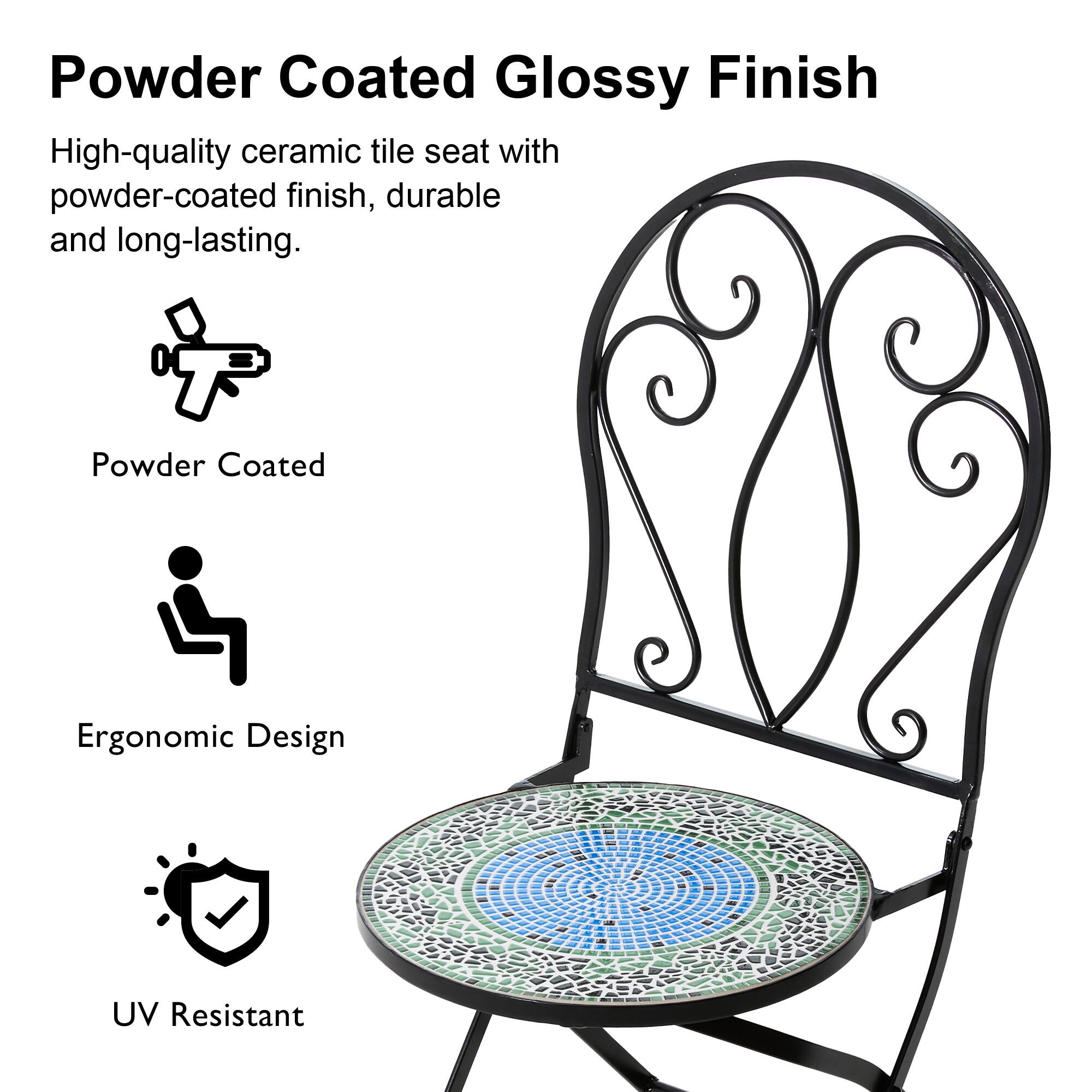 Glitzhome® 36.5" Green Outdoor Metal Folding Bistro Chairs with Ceramic Tiles Seat, 2ct.