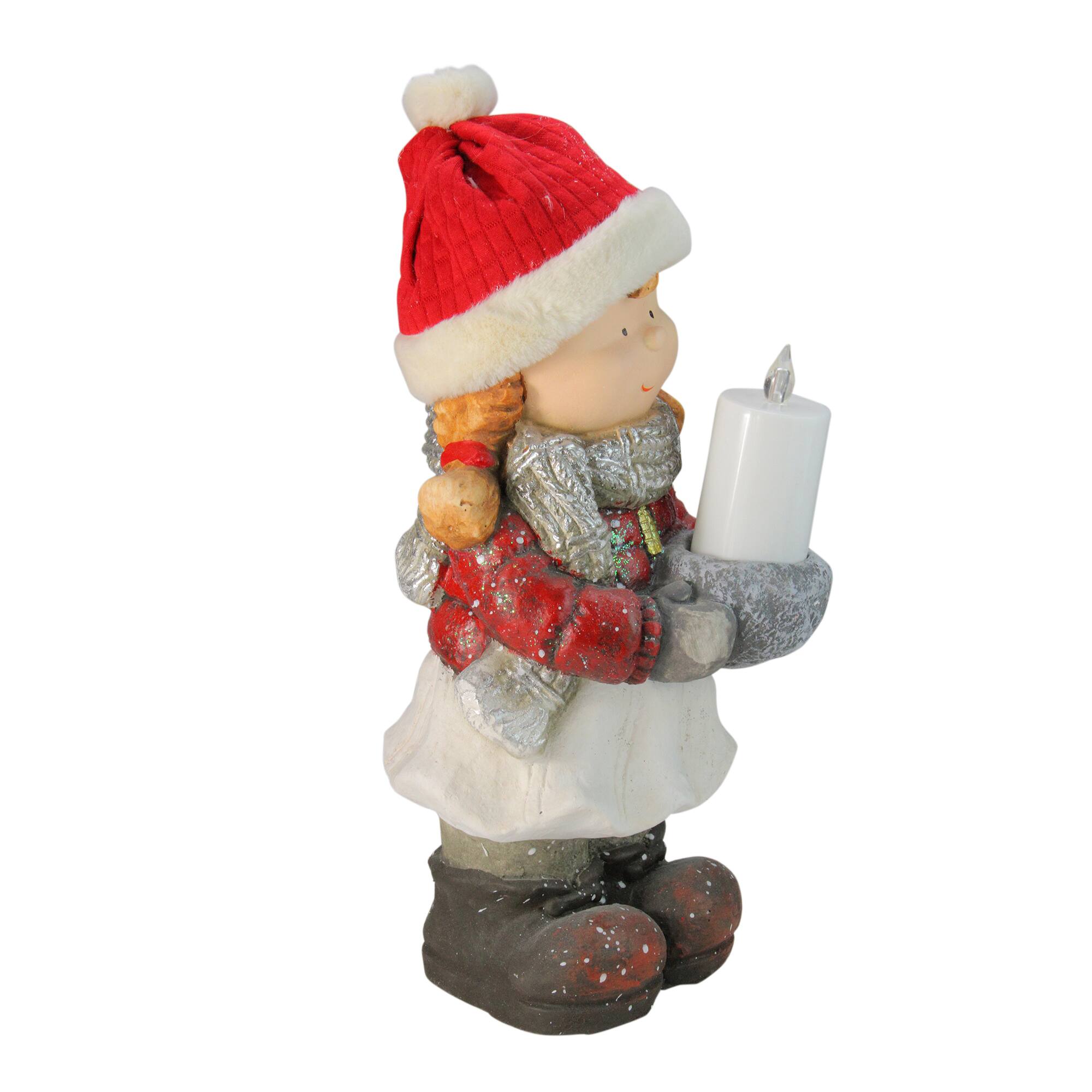 17" Standing Young Girl in Ski Hat with Candle Holder Winter Outdoor Garden Statue