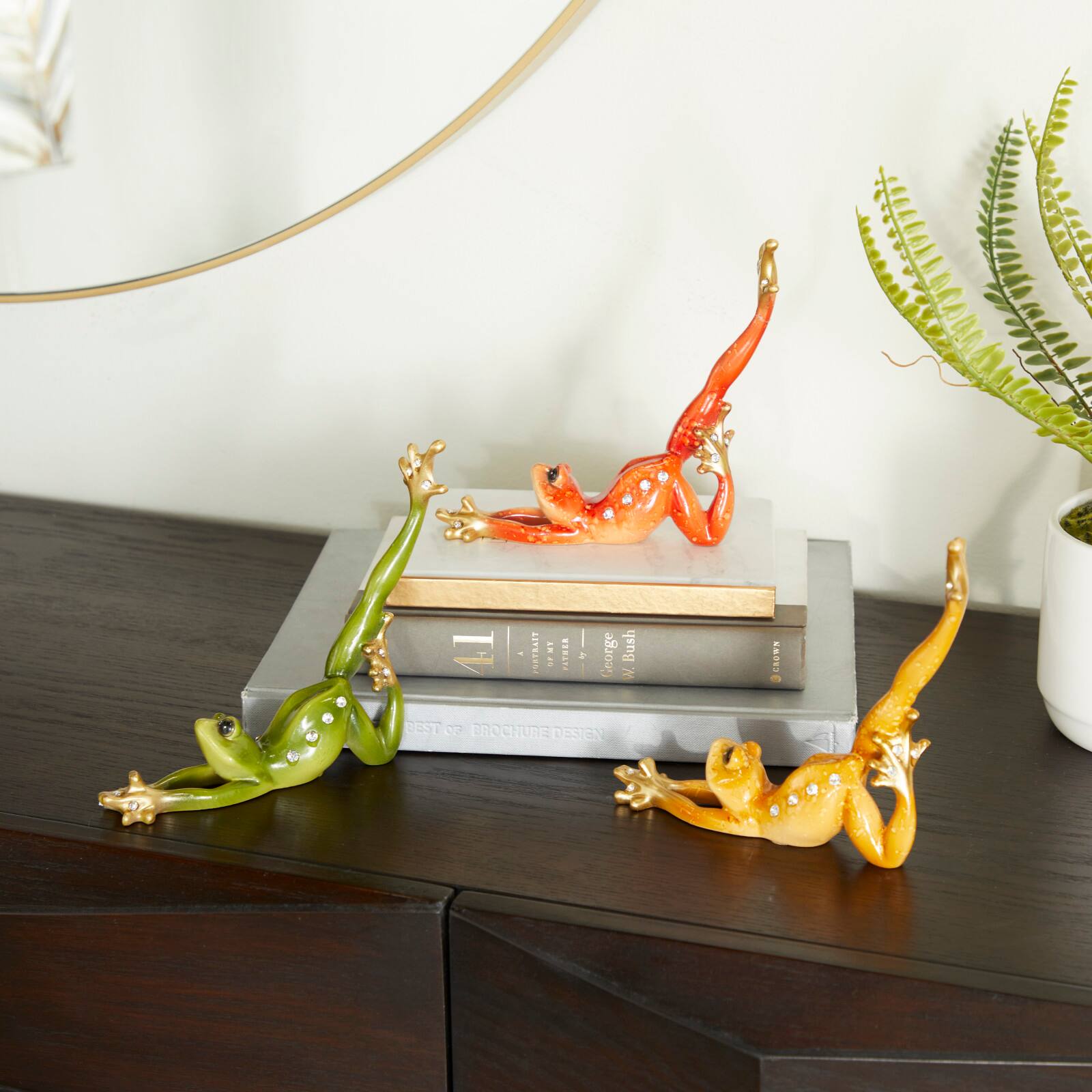 Set of 3 Multi Colored Eclectic Polystone Frog Sculpture 7&#x22; x 6&#x22;