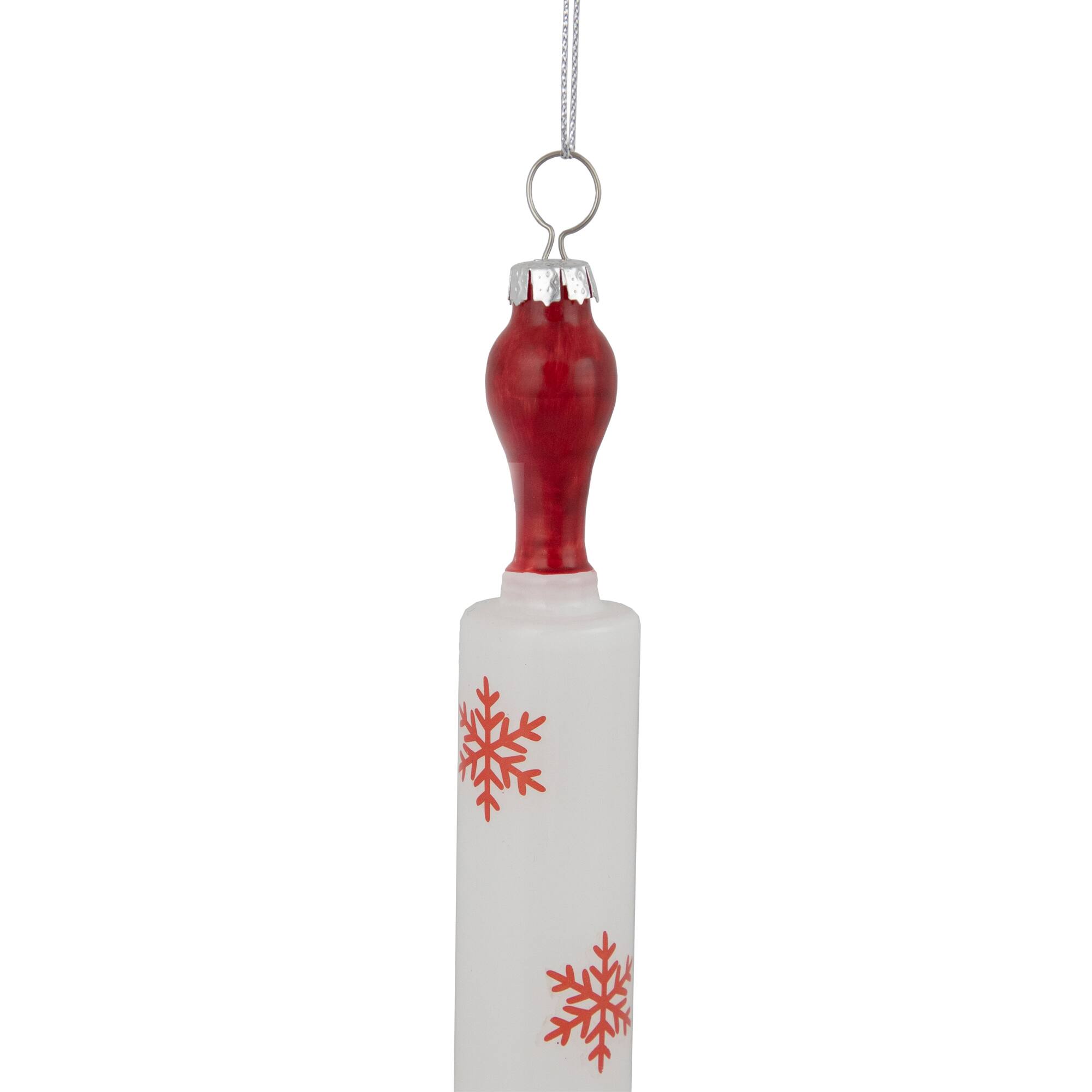 7" Red Snowflakes Rolling Pin Glass Christmas Ornament