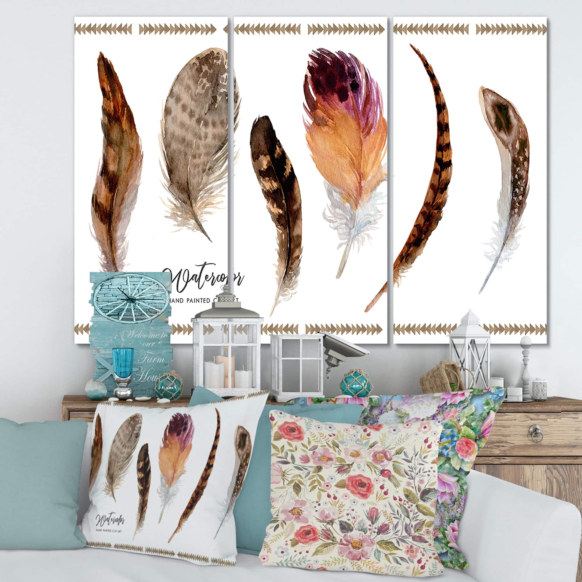 Designart - Exotic Vibrant Boho Feathers - Bohemian &#x26; Eclectic Canvas Wall Art Print