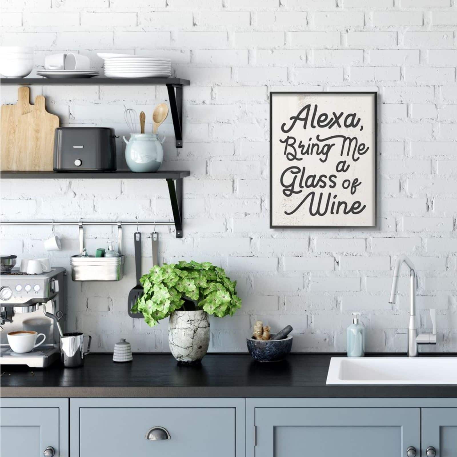Stupell Industries Alexa Bring Me Wine Distressed Kitchen Sign with Black Frame