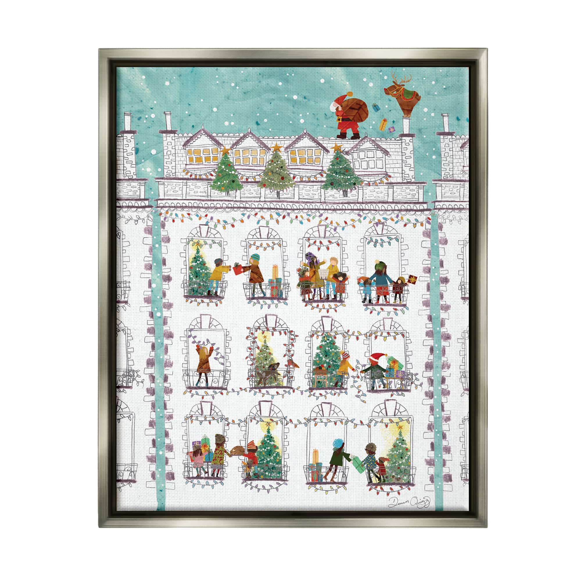 Stupell Industries Santa Claus Gifts City Rooftop Framed Floater Canvas Wall Art