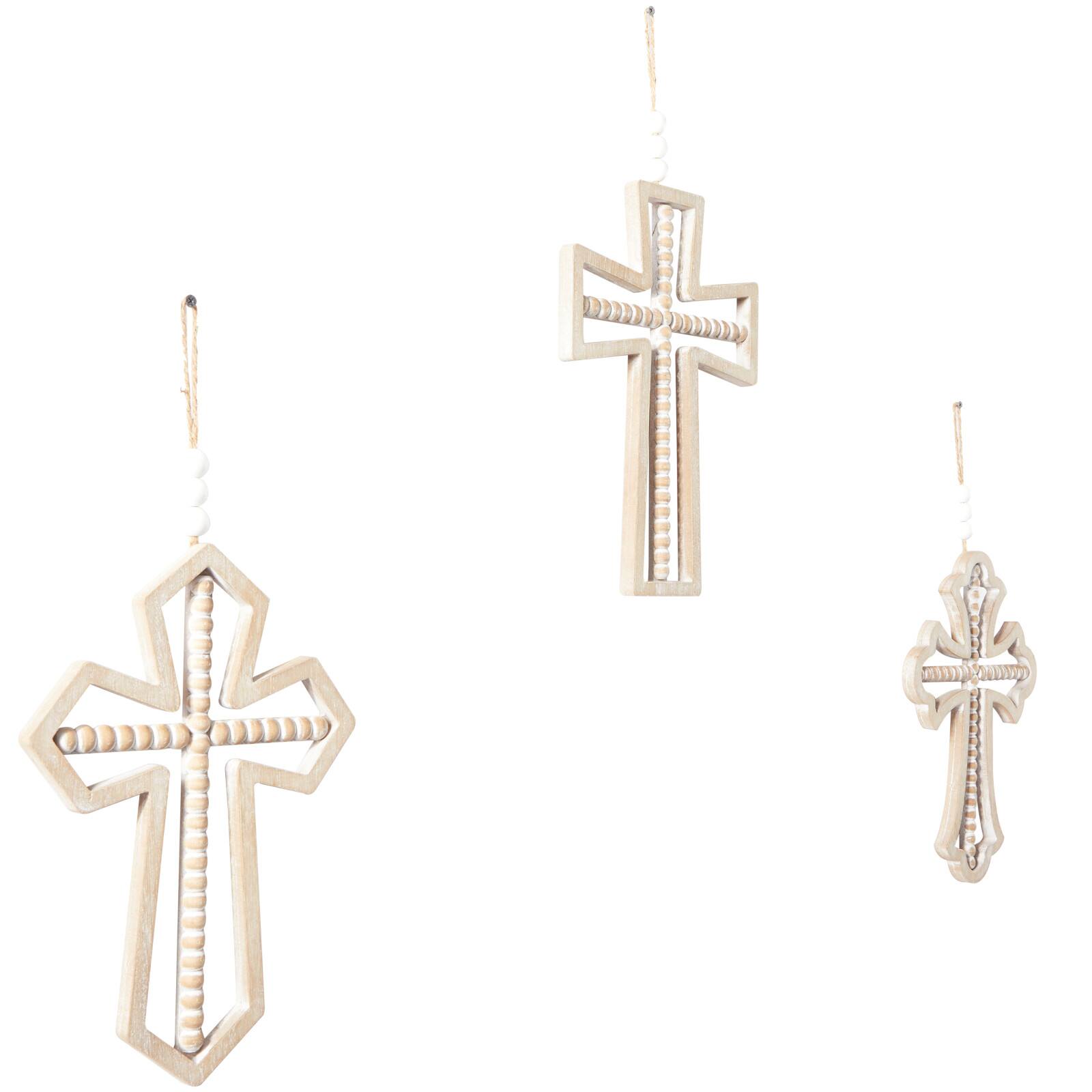Light Brown Wood Carved Beaded Crosses Biblical Wall Decor with Rope Hanger Set of 3 9", 18"