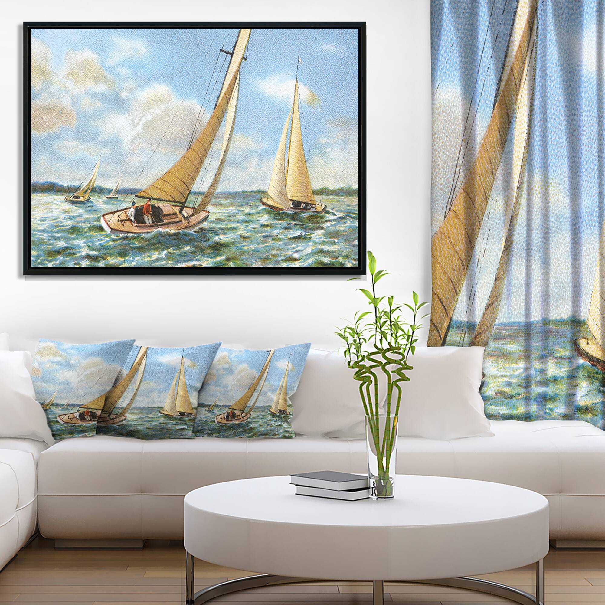 Designart - Vintage Boats Sailing - Seascape Painting Canvas Art Print in Black Frame