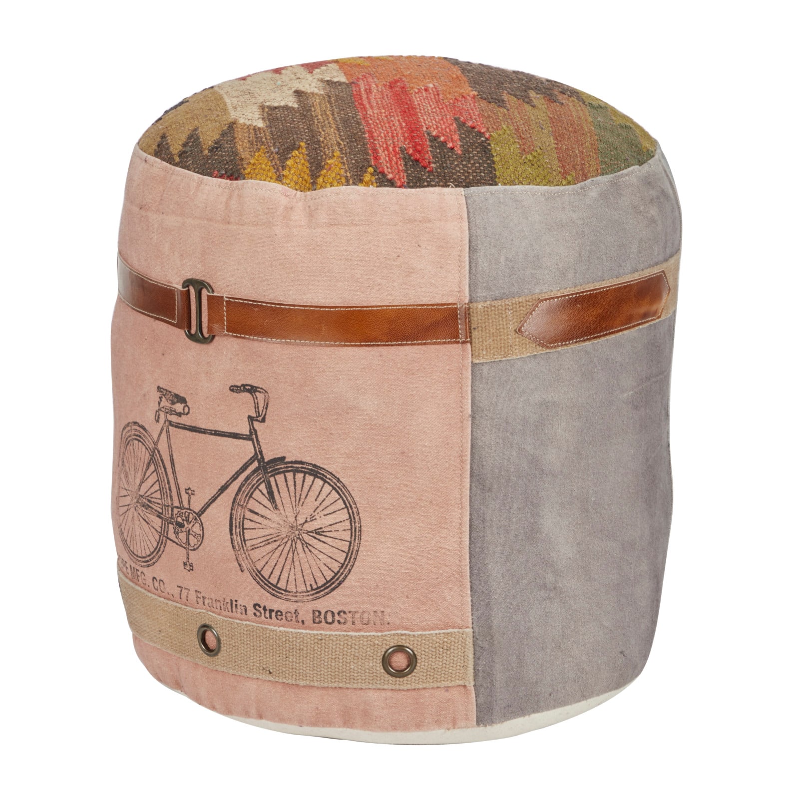 Multi Colored Cotton and Leather Bohemian Pouf, 19&#x22; x 17&#x22; x 17&#x22;