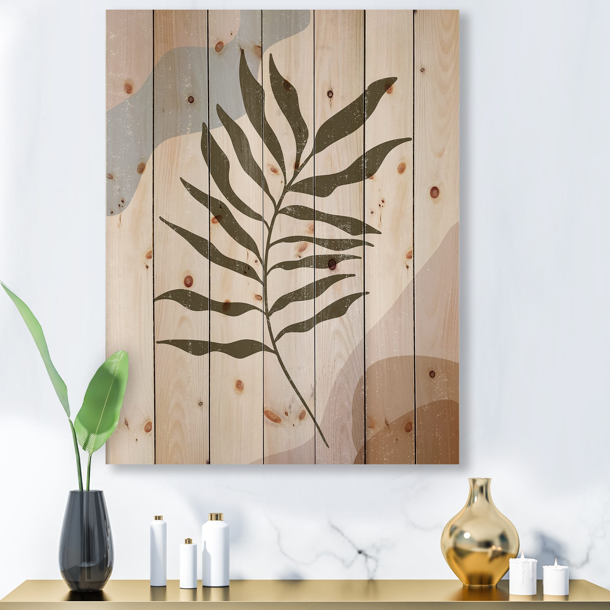 Designart - Botanical Minimalist Leaf In Earth Tones I - Modern Print on Natural Pine Wood