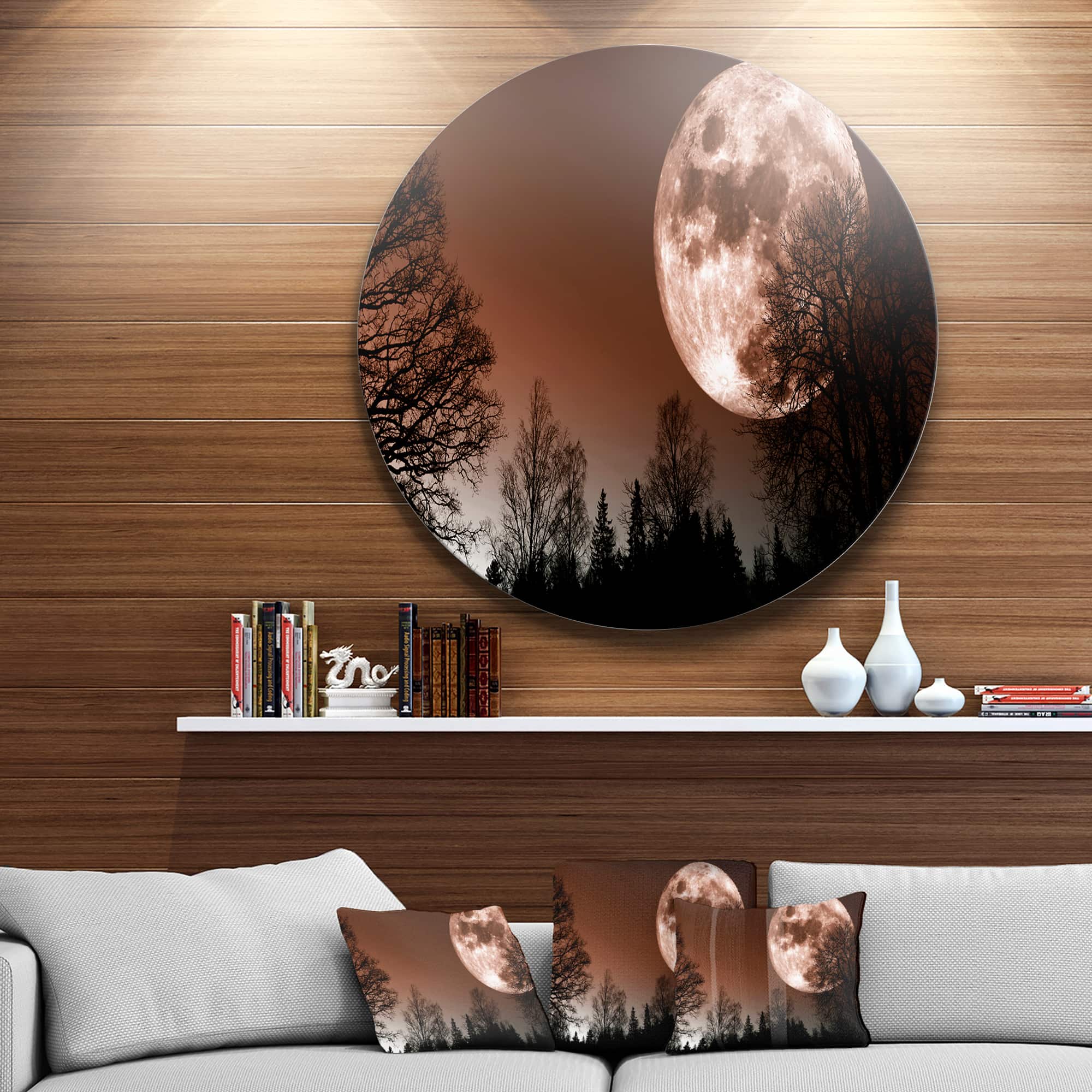 Designart - Red Moon Rise over Dark Trees' Landscape Metal Circle Wall Art