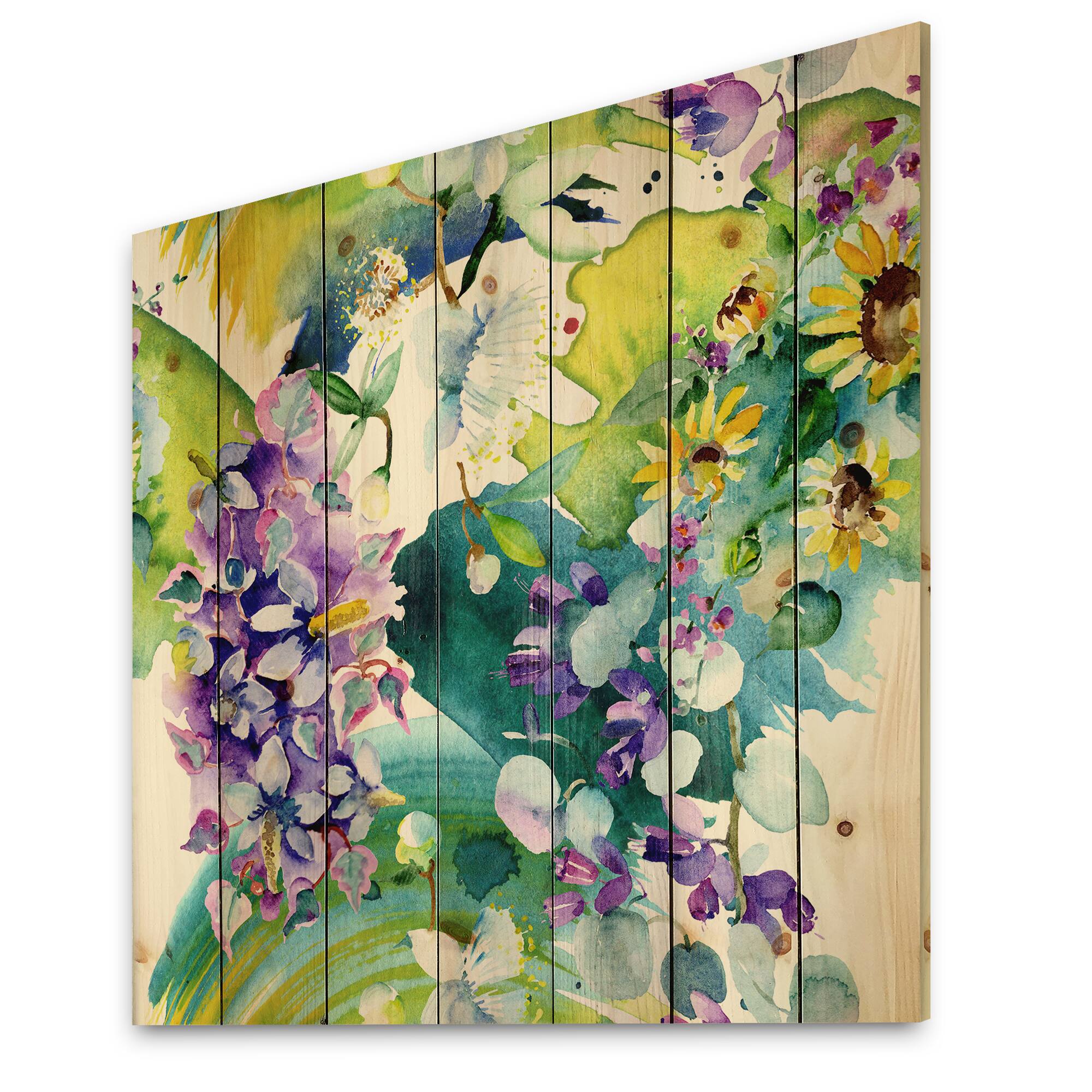 Designart - Bouquet of Wildflowers and Sunflowers - Farmhouse Print on Natural Pine Wood