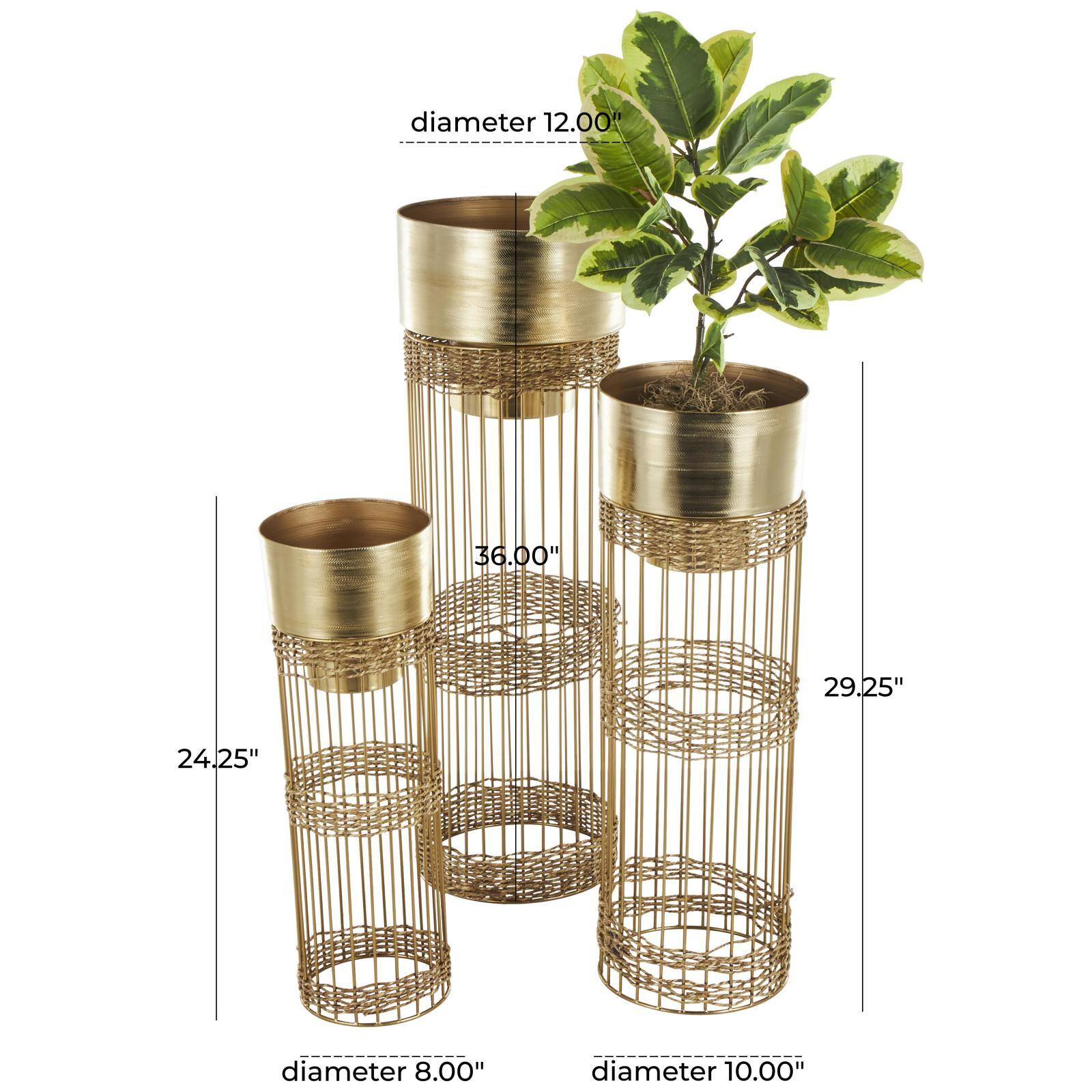 Gold Metal Textured Cylindrical Dome Planter &#x26; Pedestal Base Set