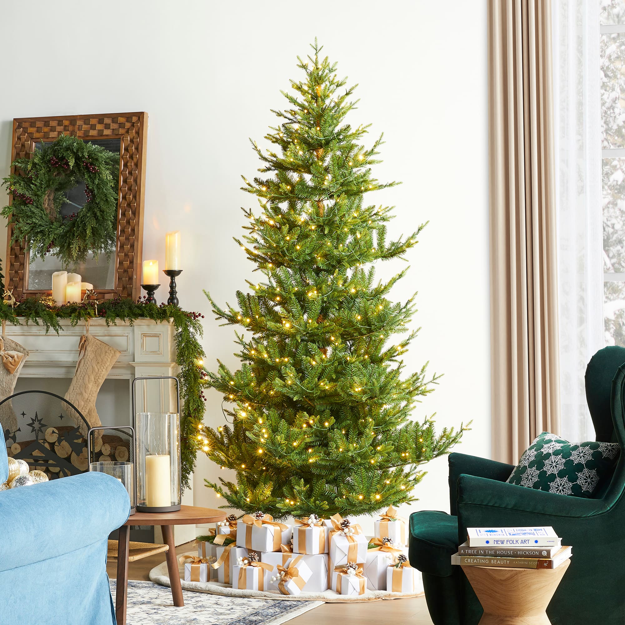 Glitzhome&#xAE; 7.5ft Pre-Lit Green Upward Slim Fir Artificial Christmas Tree, Multicolor LED Lights