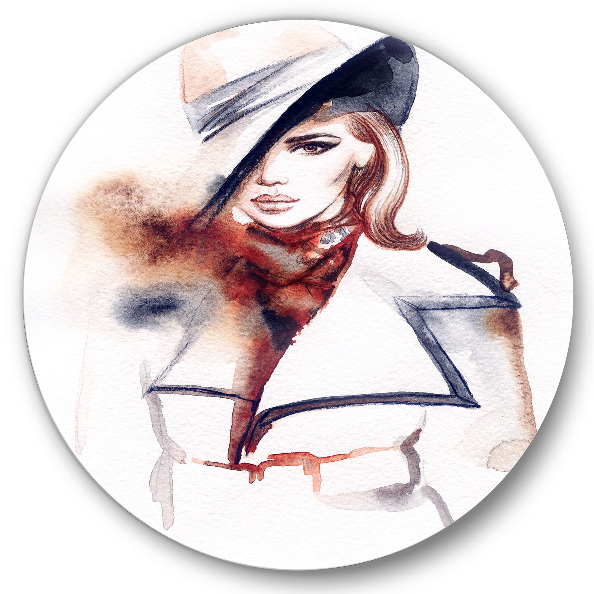 Designart - Fashion Portrait of Woman With Ht - Modern Metal Circle Wall Art