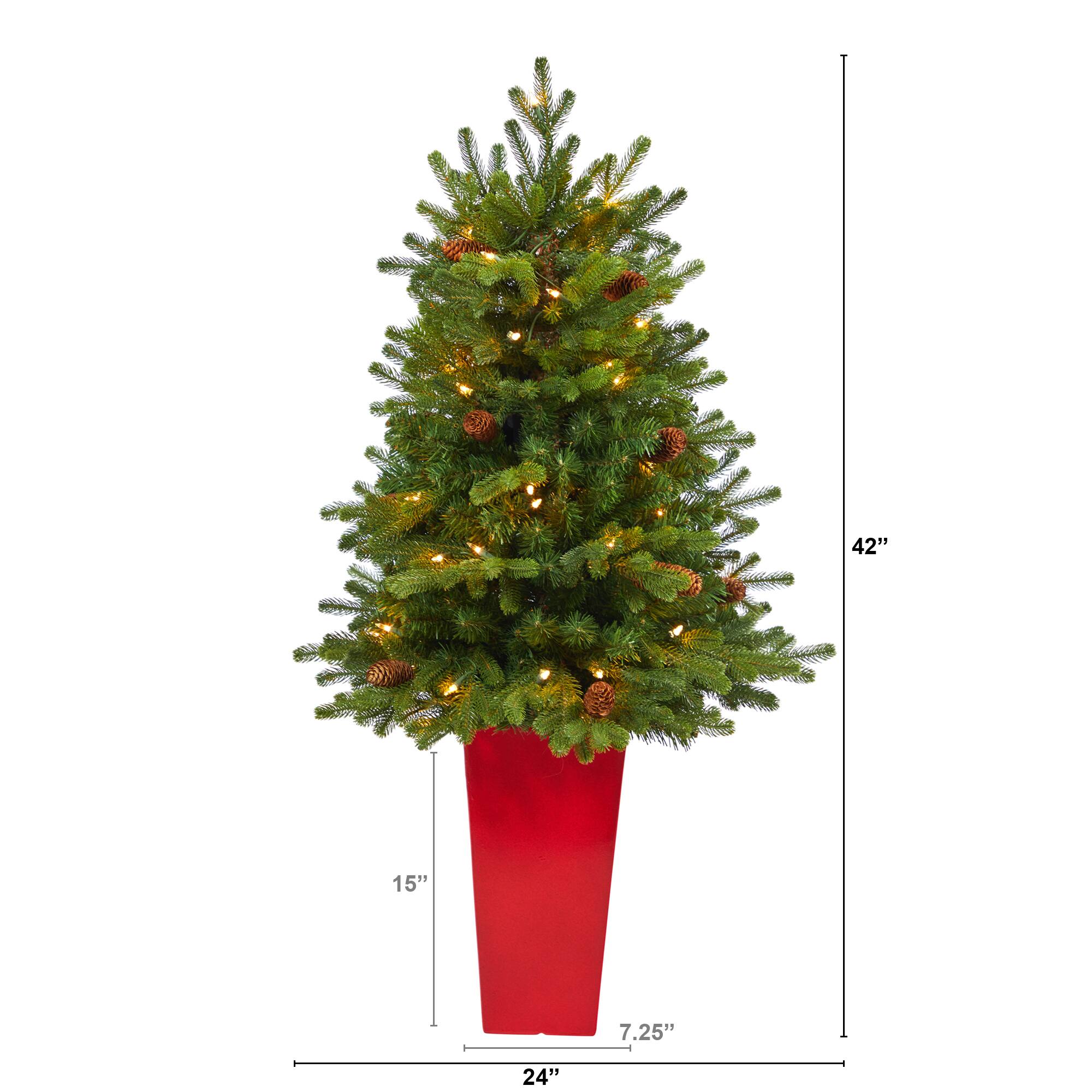 3.5ft. Pre-Lit Yukon Mountain Fir Artificial Christmas Tree in Red Planter, Clear Lights